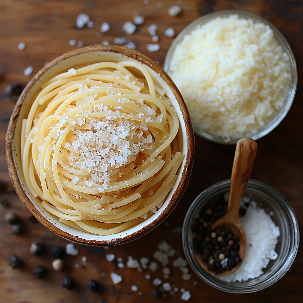 Bucatini pasta uncooked, neatly coiled in a small heap, pale golden color with smooth tubular texture; freshly grated Pecorino Romano cheese in a rustic white ceramic bowl, fine, snowy white shreds piled high; coarse freshly cracked black pepper scattered loosely beside a small wooden spoon, rich dark specks with varied sizes; a small glass bowl of coarse sea salt crystals, translucent white and jagged, sparkling subtly; all ingredients arranged spaced evenly on a clean, light natural wood surface with soft natural daylight highlighting varying textures and colors; minimal rustic props, gentle shadows creating depth, inviting warm and simple Italian kitchen vibe; overhead shot, top down view, flat lay photography, professional food styling --ar 1:1 --q 2 --s 750 --v 6.1
