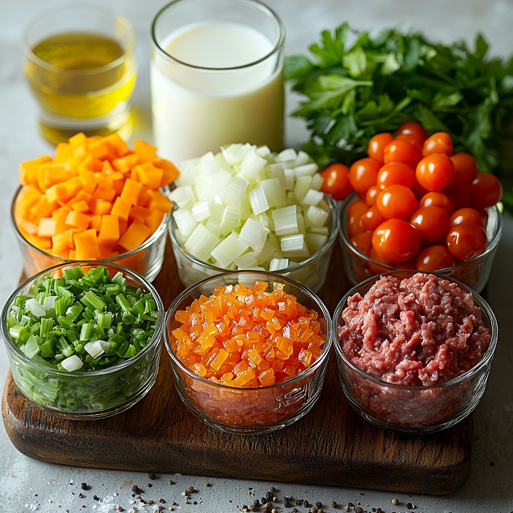 olive oil in a small glass bowl with golden sheen, finely diced small yellow onion in a neat pile showing pale yellow and white layers, peeled and finely diced small bright orange carrot arranged in a small heap, finely diced celery stalk in a light green mound, three cloves of garlic whole and minced scattered artfully, raw lean ground beef shaped into a compact mound with rich red color and marbled texture, small wooden spoon with kosher salt and black pepper sprinkled nearby, a tiny pile of ground nutmeg powder with warm brown tones, a cup of whole milk in a clear glass cup showing creamy white liquid, a glass of dry white wine with pale straw yellow hue, an opened 28-ounce can of whole peeled tomatoes showing vibrant red tomatoes and juice with some tomatoes scattered around, a white bowl filled with low-sodium chicken broth translucent pale yellow liquid, all arranged neatly on a clean white surface with soft natural light, subtle shadows for depth, minimal rustic props like a linen napkin and wooden cutting board edges visible, vibrant colors and fresh textures emphasized, overhead shot, top down view, flat lay photography, professional food styling --ar 1:1 --q 2 --s 750 --v 6.1