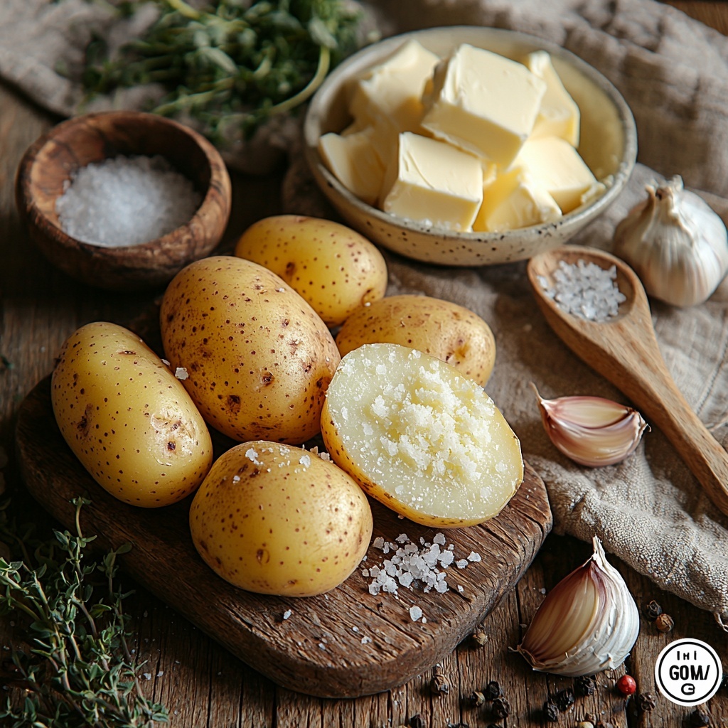 Yukon Gold potatoes whole and halved showing their golden yellow flesh, smooth unsalted butter pats on a small rustic wooden board, a vintage ceramic bowl filled with rich heavy cream, a small heap of shredded smoked Gouda cheese with its pale orange color and slightly crumbly texture scattered loosely on a linen napkin, two cloves of roasted garlic with caramelized edges resting on a white porcelain dish, a small wooden scoop with coarse salt crystals glistening, a tiny ceramic bowl of freshly ground black pepper showcasing dark specks, all arranged neatly on a clean, light-colored wooden surface. Soft natural light highlights the warm earthy tones and creamy textures, subtle shadows add depth, minimalistic styling with neutral linen cloth accents and a sprig of fresh herbs for a pop of green. Overhead shot, top down view, flat lay photography, professional food styling --ar 1:1 --q 2 --s 750 --v 6.1