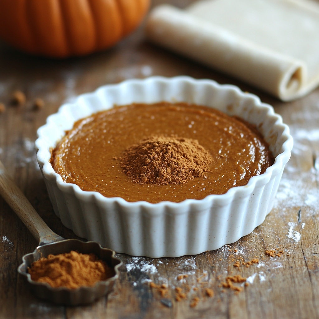 half cup unsweetened pumpkin puree in a small white bowl with smooth creamy texture, two tablespoons of packed golden brown sugar in a small glass dish showcasing its grainy texture, a small heap of warm brown pumpkin pie spice powder on a wooden spoon, scattered light dusting of white all-purpose flour on a clean rustic wooden surface, a rolled-out pale beige pie crust circle with slightly rough texture folded over a floured surface, vintage metal pumpkin-shaped cookie cutter placed beside dough, natural soft daylight highlighting warm autumn colors, minimal shadows, organized ingredient components spaced evenly to create visual balance, cozy seasonal vibe, overhead shot, top down view, flat lay photography, professional food styling --ar 1:1 --q 2 --s 750 --v 6.1