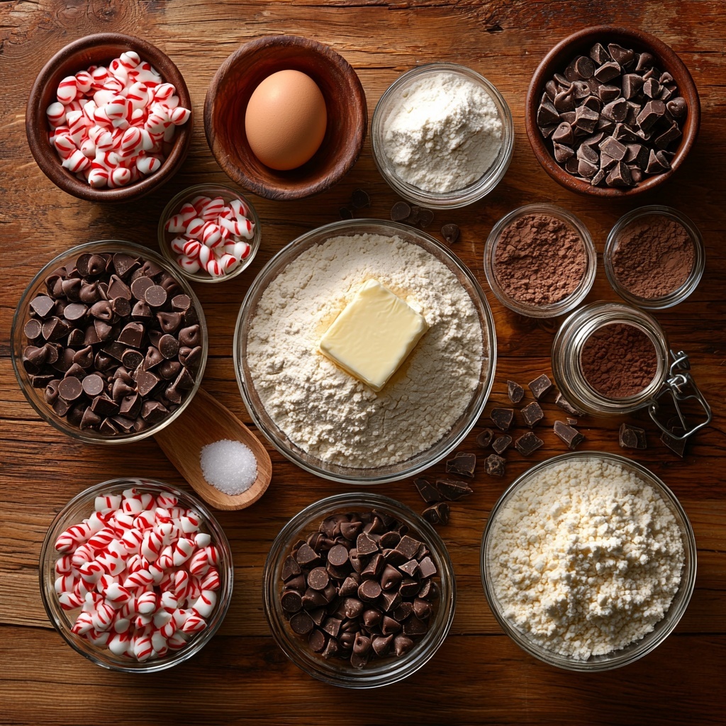 A clean, light-colored wooden surface neatly arranged with all the main ingredients for festive double chocolate peppermint cookies: a small glass bowl of all-purpose flour with a soft, powdery texture; a separate bowl filled with rich, dark unsweetened cocoa powder; a small dish containing fine baking soda and a pinch of salt side by side; a square of creamy, softened unsalted butter with a smooth, slightly glossy surface on a simple white plate; two small glass bowls—one with white granulated sugar sparkling under the light and the other with deep amber brown sugar showing its moist, grainy texture; a single large brown egg resting on a rustic ceramic spoon; a tiny glass jar of clear peppermint extract with a tiny measuring spoon beside it; a bowl overflowing with shiny, dark semi-sweet chocolate chips contrasting with a separate bowl full of crushed peppermint candies—small white and red fragments, adding a festive vibe; all ingredients spaced evenly with subtle shadows, complemented by minimal rustic props like a silver whisk and a wooden mixing bowl peeking into the frame. The colors range from warm browns, deep chocolates, bright whites, to festive reds, creating a cozy yet vibrant palette, textures from fine powders to glossy chips and rough crushed candy. Natural soft daylight illuminating the scene, soft shadows, clean minimalistic styling emphasizing freshness and holiday cheer. Overhead shot, top down view, flat lay photography, professional food styling --ar 1:1 --q 2 --s 750 --v 6.1