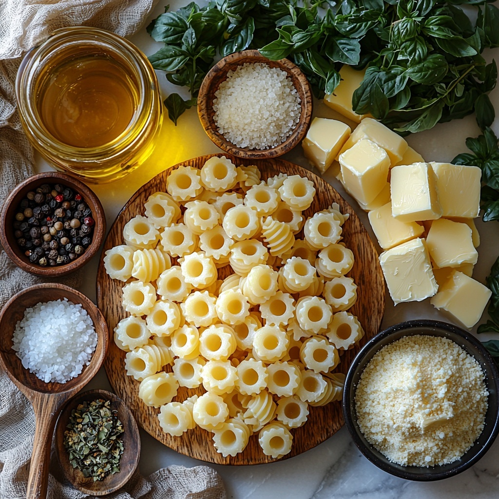 olive oil in a small glass jar with golden-yellow hues, a small wooden bowl filled with smooth light beige garlic paste, uncooked ditalini pasta scattered in a neat pile showcasing tiny tube shapes with a pale ivory color, a rustic measuring cup holding clear golden chicken broth, a small white dish containing coarse sea salt crystals, a mound of finely grated Parmesan cheese with a snowy texture on a ceramic plate, a measuring cup of thick creamy white heavy cream, two perfectly shaped pats of salted butter with a pale yellow hue resting on parchment paper, a small black bowl of freshly cracked black pepper, and a handful of vibrant green minced fresh parsley arranged artistically on a clean white marble surface. The ingredients are spaced evenly with natural light casting soft shadows, highlighting the contrasting textures and colors. Wooden spoons and a linen napkin add warmth and depth to the composition. overhead shot, top down view, flat lay photography, professional food styling --ar 1:1 --q 2 --s 750 --v 6.1