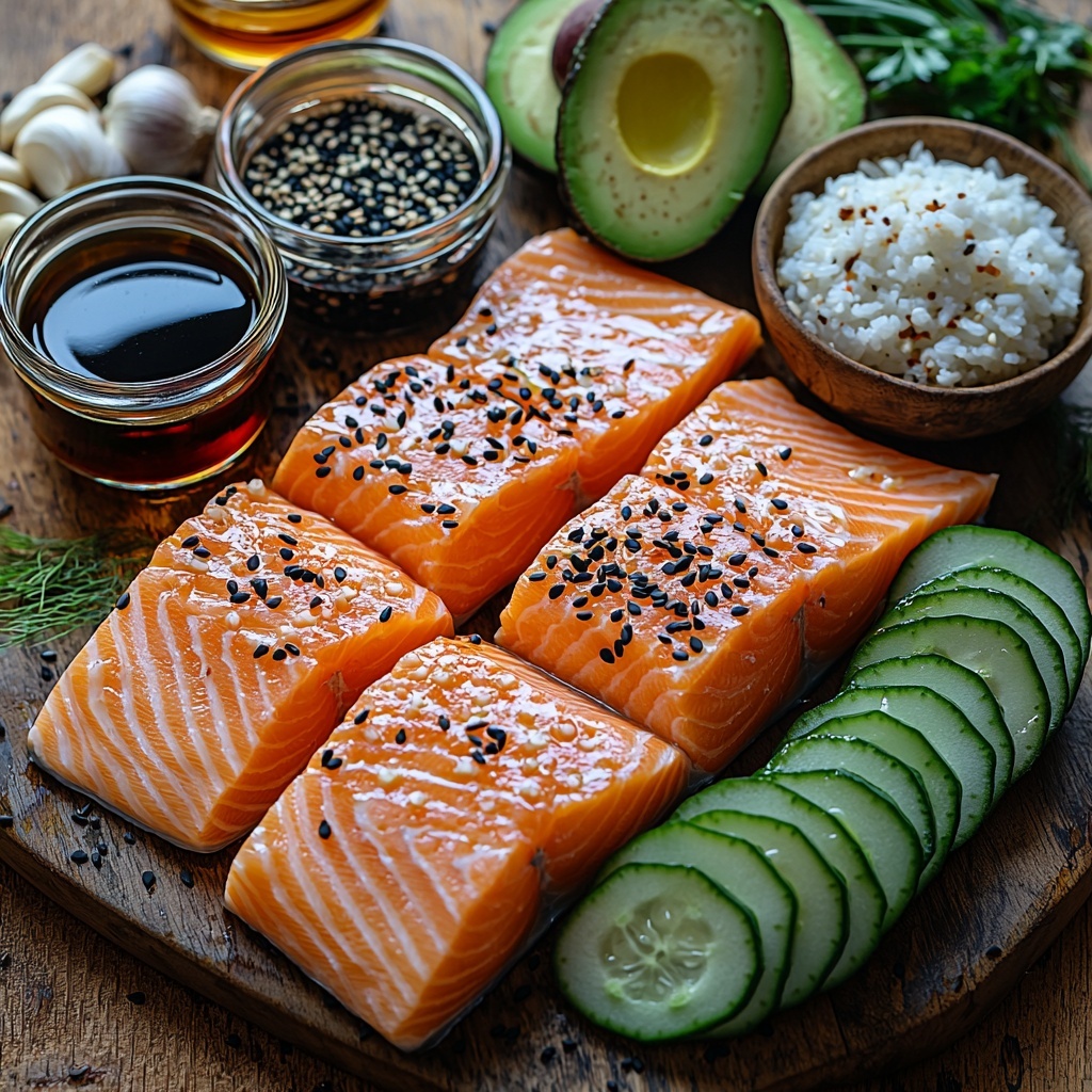 A beautifully styled flat lay of the main ingredients for an Easy Miso Salmon Bowl arranged on a clean, light wooden surface. Include: two thick, pink salmon fillets with a subtle sheen; small rustic bowls containing white miso paste with creamy texture, glossy maple syrup, light golden toasted sesame oil, smooth cashew butter, and dark soy sauce; a small glass jar of rice wine vinegar with a translucent pale tint; a heap of black and white sesame seeds scattered artistically; thinly sliced pale green English cucumber rounds fanned out; ripe but firm avocado slices with creamy, vibrant green flesh; a neat mound of fluffy white jasmine rice with delicate grains visible; a small pile of bright, magenta pickled red onions with glistening edges; a small bowl of reddish-orange sriracha; fine dusting container of garlic powder; and a small clear cup of water reflecting soft light. Arrange ingredients symmetrically with balanced spacing to highlight contrasting colors and textures — glossy, creamy, fresh, and pickled elements visually distinct. Soft natural lighting from the side creating gentle shadows, emphasizing freshness and layers. Overhead shot, top down view, flat lay photography, professional food styling --ar 1:1 --q 2 --s 750 --v 6.1
