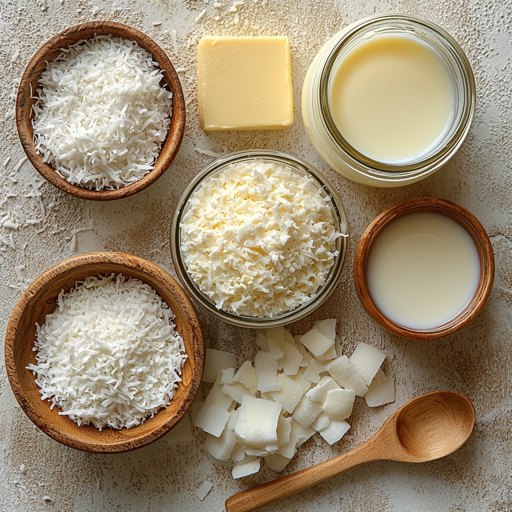 bowl of creamy sweetened condensed milk, pat of golden butter, small bowl of unsweetened shredded white coconut flakes, glass jar of rich white coconut milk, small cup with smooth heavy cream, rustic wooden spoon resting nearby, ingredients arranged neatly on a bright, clean white surface, natural soft lighting highlighting creamy textures and subtle shadows, pops of warm tones from butter and wooden spoon contrast with cool whites of coconut and liquids, minimalistic styling with a fresh and airy feel, slight texture from coconut flakes scattered gently around to add depth, overhead shot, top down view, flat lay photography, professional food styling --ar 1:1 --q 2 --s 750 --v 6.1