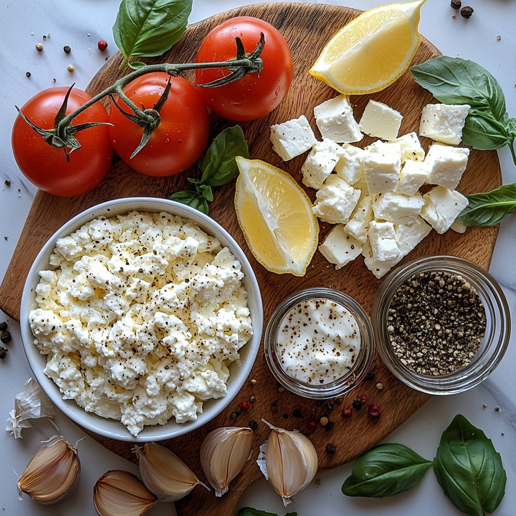 Cream cheese at room temperature in a small white ceramic bowl, crumbled feta cheese loosely piled on a rustic wooden board, a glass bowl with creamy plain Greek yogurt, 2-3 peeled garlic cloves scattered nearby, small dried herbs containers with dried dill and dried oregano spilling tiny green flecks, a wedge of fresh lemon with glossy juice droplets, diced vibrant red Roma tomato in a small clear dish, fresh bright green basil leaves artfully placed around, coarse freshly cracked black peppercorns sprinkled lightly on the surface; all ingredients arranged neatly on a clean white marble countertop, natural soft daylight casting gentle shadows, emphasizing contrasting textures from creamy and crumbly to fresh and leafy, minimalistic styling with occasional rustic props like a wooden spoon and linen napkin for warmth, overhead shot, top down view, flat lay photography, professional food styling --ar 1:1 --q 2 --s 750 --v 6.1