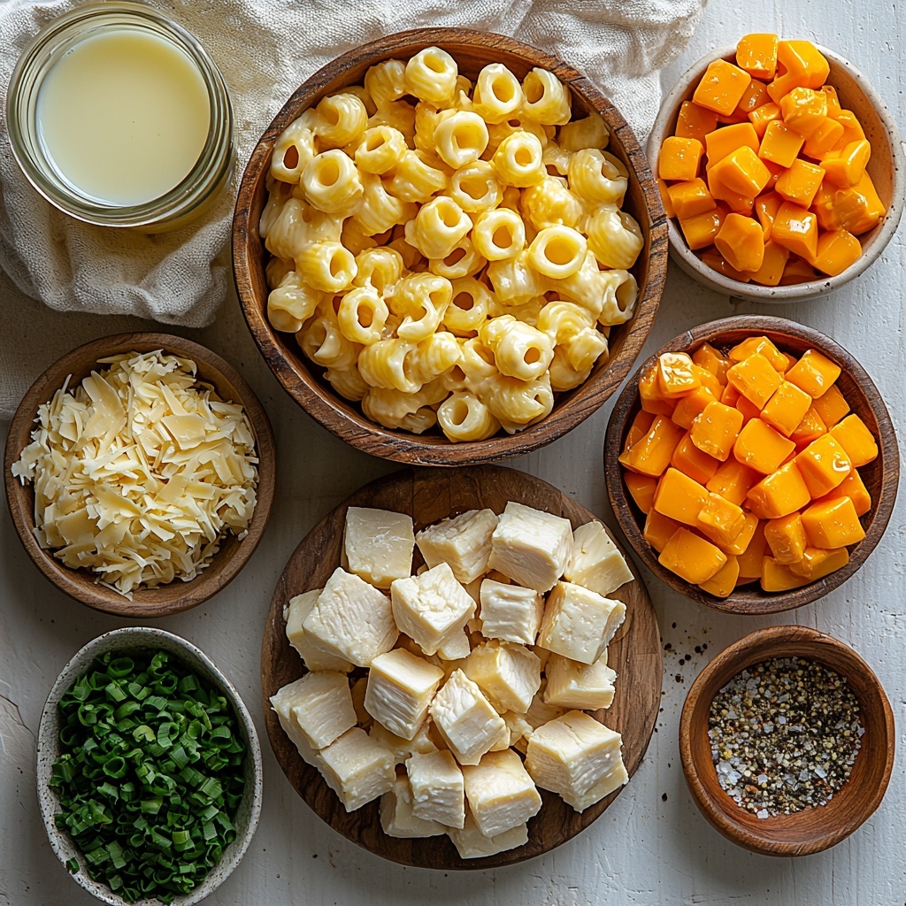 A bright, clean white surface arranged with fresh raw ingredients for Honey Pepper Chicken Mac and Cheese: diced raw chicken breast in a small wooden bowl, uncooked elbow macaroni scattered loosely in a small pile, a generous heap of shredded sharp cheddar cheese on crumpled parchment paper, a small glass jug of creamy milk, a small jar of thick golden honey with honey drips on the rim, a rustic wooden spoon with coarse black pepper, a small bowl of vibrant green chopped green onions, a small white ceramic dish holding olive oil glistening under soft light, separate small bowls containing garlic powder, onion powder, salt, and a pinch of cayenne pepper showing fine textures and soft shadows. The ingredients are spaced evenly with natural light highlighting their rich colors and textures, subtle shadows creating depth, styled with minimal props like linen napkins and wooden boards to evoke a fresh, inviting kitchen atmosphere. Overhead shot, top down view, flat lay photography, professional food styling --ar 1:1 --q 2 --s 750 --v 6.1