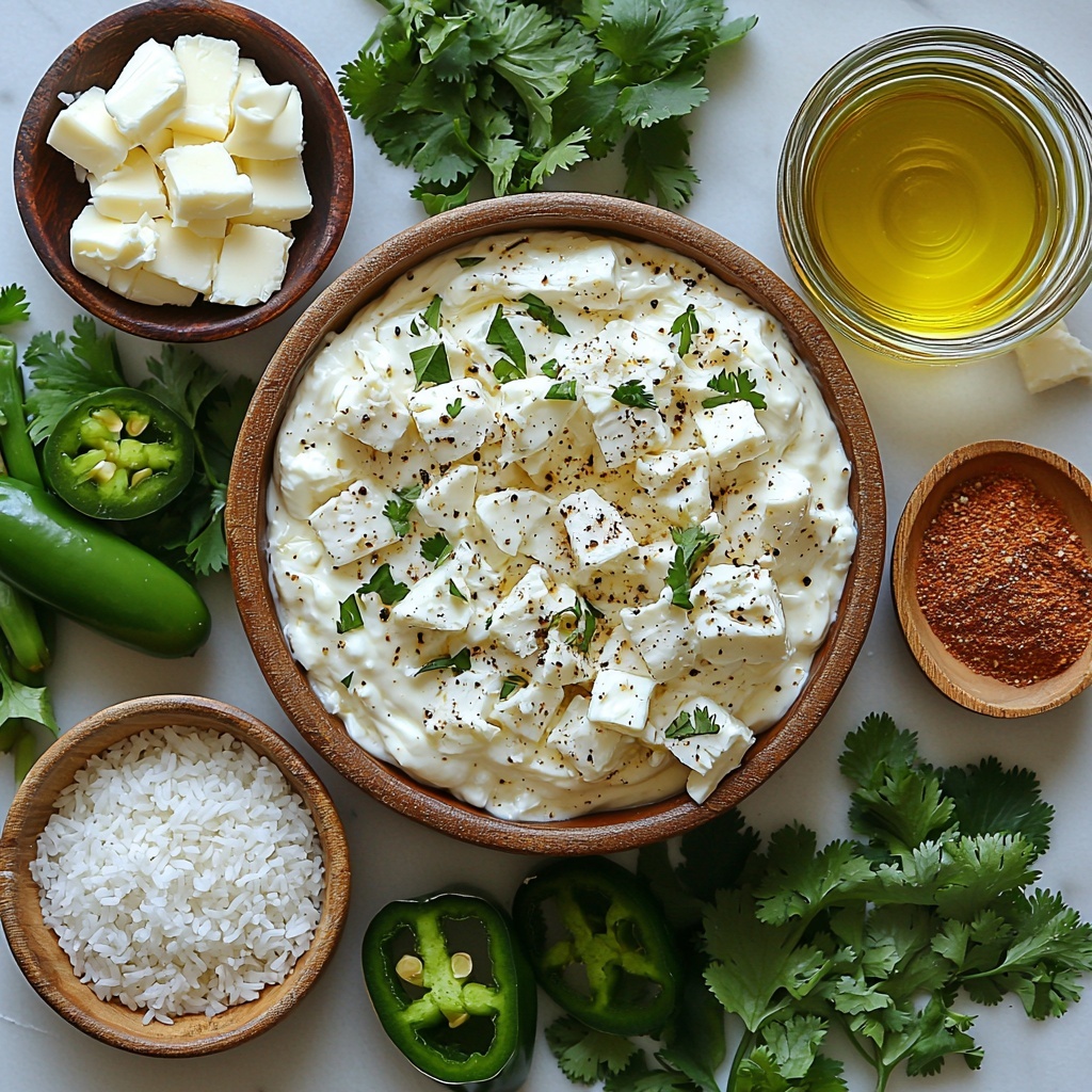 vibrant fresh cilantro with leafy green stems and leaves, a couple of bright green jalapeño peppers, smooth creamy white mayonnaise in a small bowl, crumbly white Cotija or Parmesan cheese scattered loosely, two peeled garlic cloves with smooth off-white texture, a small glass bowl of fresh lime juice glowing bright yellow-green, a small dish of golden olive oil, fine white salt crystals and freshly ground black peppercorns in tiny bowls, raw boneless skinless chicken breasts sliced into cutlets showing pale pink flesh, ground cumin and paprika powders in rich warm brown and rusty red hues in small rustic dishes, garlic powder in fine off-white dusting, fluffy uncooked long-grain white rice grains heaped on a white ceramic plate, a pat of creamy butter, finely chopped bright green cilantro in a small bowl, water in a clear glass measuring cup, fresh whole cilantro leaves for garnish artfully placed, all ingredients meticulously arranged on a clean white marble surface with natural soft daylight from the side casting gentle shadows, subtle hints of rustic linen napkins and wooden spoons providing cozy texture contrasts, vibrant colors and varied textures balanced for visual appeal, overhead shot, top down view, flat lay photography, professional food styling --ar 1:1 --q 2 --s 750 --v 6.1