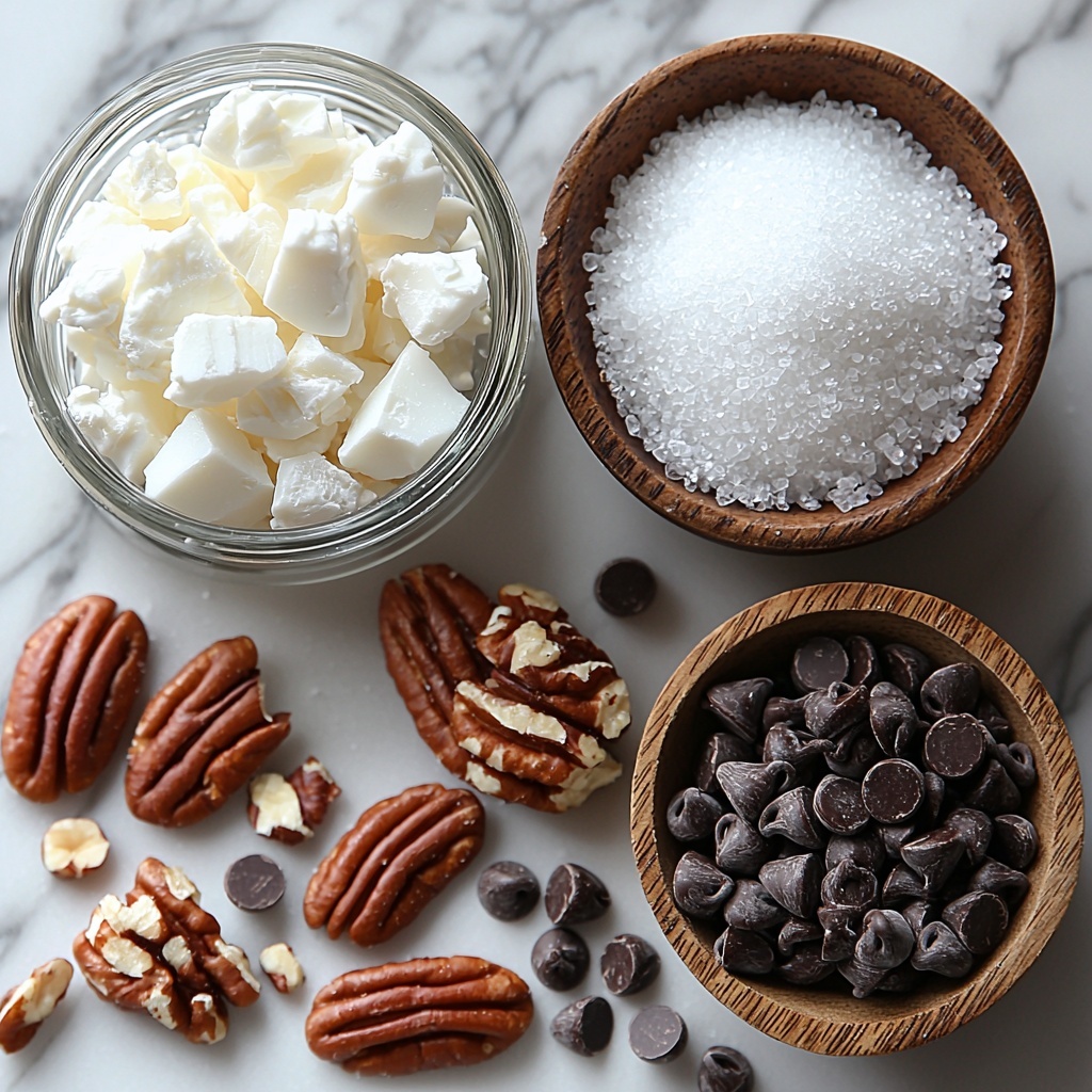 2 egg whites in a small glass bowl showing their translucent, glossy texture, a tiny heap of fine white sugar beside it, a separate small bowl of smooth creamy vanilla extract with a rich golden hue, a pinch of coarse sea salt scattered artistically on the clean white surface, a wooden spoon filled with shiny mini dark chocolate chips, a small rustic bowl overflowing with roughly chopped pecans displaying their warm toasted brown tones and intricate textures, all ingredients carefully spaced and arranged on a pristine white marble countertop, soft natural light casting gentle shadows, subtle hints of warm highlights enhancing the textures and colors, clean and minimalistic styling with a few scattered pecans and chocolate chips adding visual interest, overhead shot, top down view, flat lay photography, professional food styling --ar 1:1 --q 2 --s 750 --v 6.1