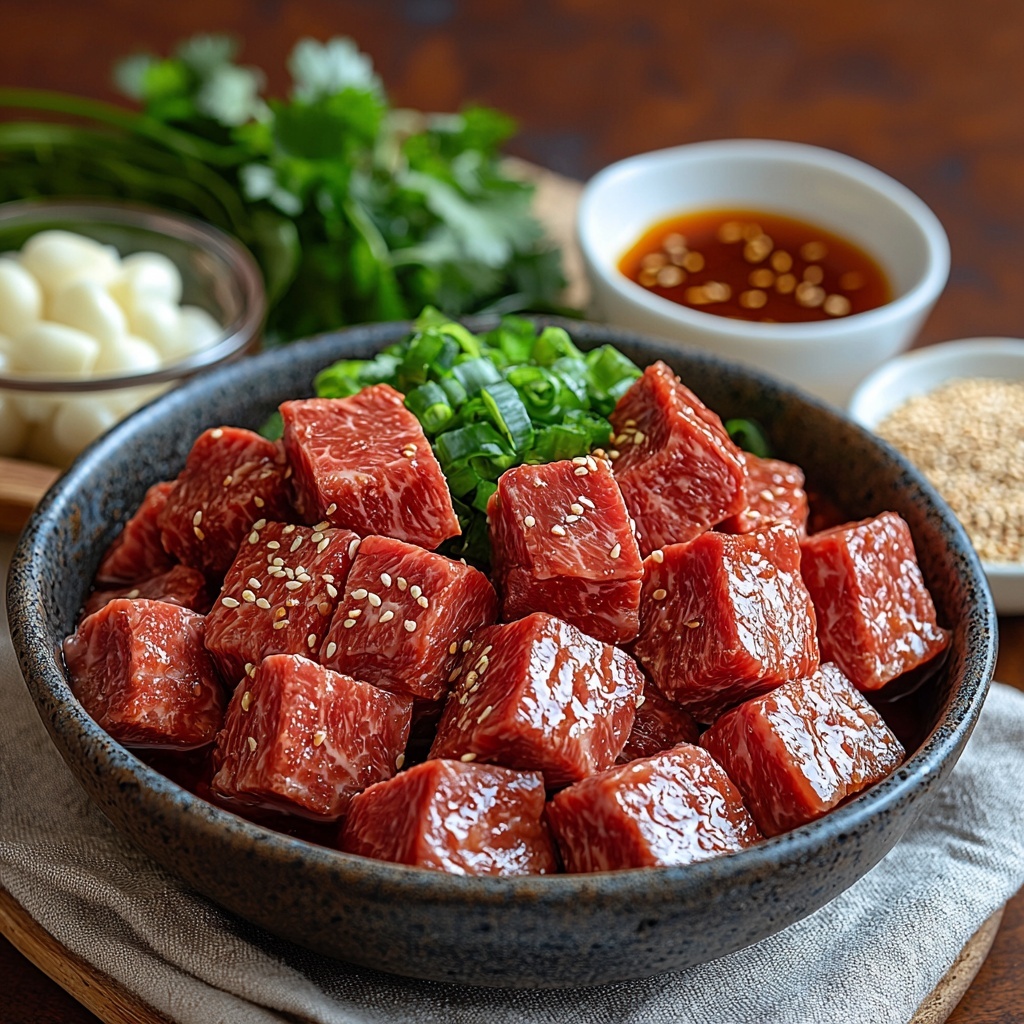 Korean beef chuck pieces, glossy dark red and marbled with fat, arranged neatly in a small rustic ceramic bowl; next to it, a clear glass measuring cup filled with rich brown beef broth; a smaller bowl holding soy sauce, deep amber with a slight sheen; a wooden spoon resting beside a small bowl of dark brown, coarse brown sugar crystals; fresh minced ginger and garlic placed separately on small white ceramic spoons, pale yellow ginger with fibrous texture and creamy white garlic cloves minced finely; a small glass dish with golden sesame oil shimmering under soft light; a tiny bowl with vibrant red gochujang paste, thick and glossy; sprinkled black peppercorns scattered artfully around; a bundle of fresh raw noodles, pale off-white and slightly translucent strands loosely coiled on a textured linen cloth; freshly sliced green onions showing bright green and white contrast laid out fan-like on a small plate; a delicate pile of light tan sesame seeds in a tiny bowl; fresh green cilantro sprigs with vivid leaves adding a pop of freshness; all ingredients arranged symmetrically on a clean, smooth white surface with soft natural lighting emphasizing textures and vibrant colors, minimal shadows, shallow depth of field for a crisp, clear flat lay composition — overhead shot, top down view, flat lay photography, professional food styling --ar 1:1 --q 2 --s 750 --v 6.1