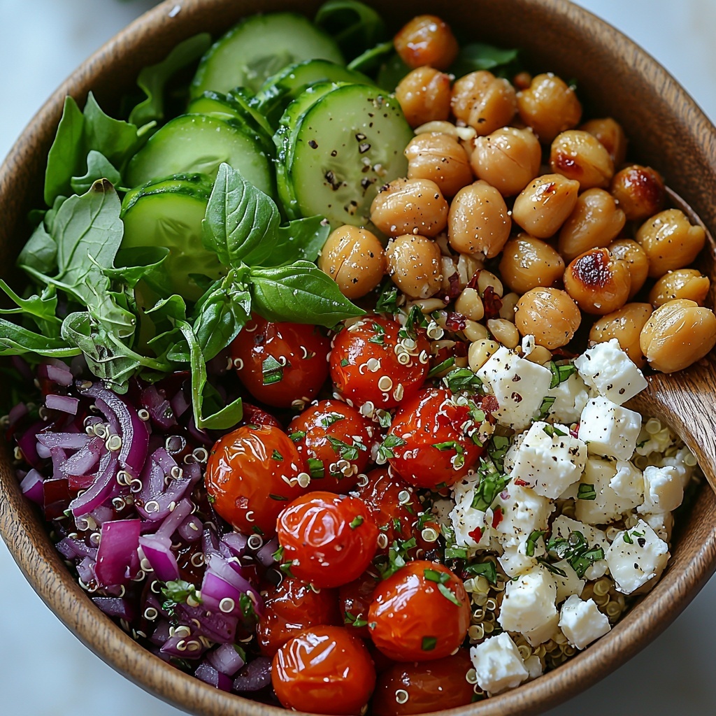 quinoa grains in a small rustic bowl, roasted cherry tomatoes glistening with caramelized edges on a wooden spoon, vibrant fresh arugula leaves fanned out, crisp pale green Persian cucumber slices arranged neatly, a mix of bright green basil and mint leaves loosely scattered, crumbly white feta cheese in a small heap, glossy sliced dark purple kalamata olives in a tiny dish, finely diced deep red onion in a neat pile, golden toasted pine nuts sprinkled gently, a small glass jar of golden Italian dressing with a couple of grated garlic cloves beside it, coarse sea salt crystals and cracked black peppercorns sprinkled artistically, pinch of red pepper flakes adding a pop of red, roasted chickpeas showing golden brown crispy texture in a shallow bowl, all placed on a clean white marble surface with natural light highlighting the vivid colors and contrasting textures, styled with a few fresh herb sprigs and subtle shadows for depth, overhead shot, top down view, flat lay photography, professional food styling --ar 1:1 --q 2 --s 750 --v 6.1