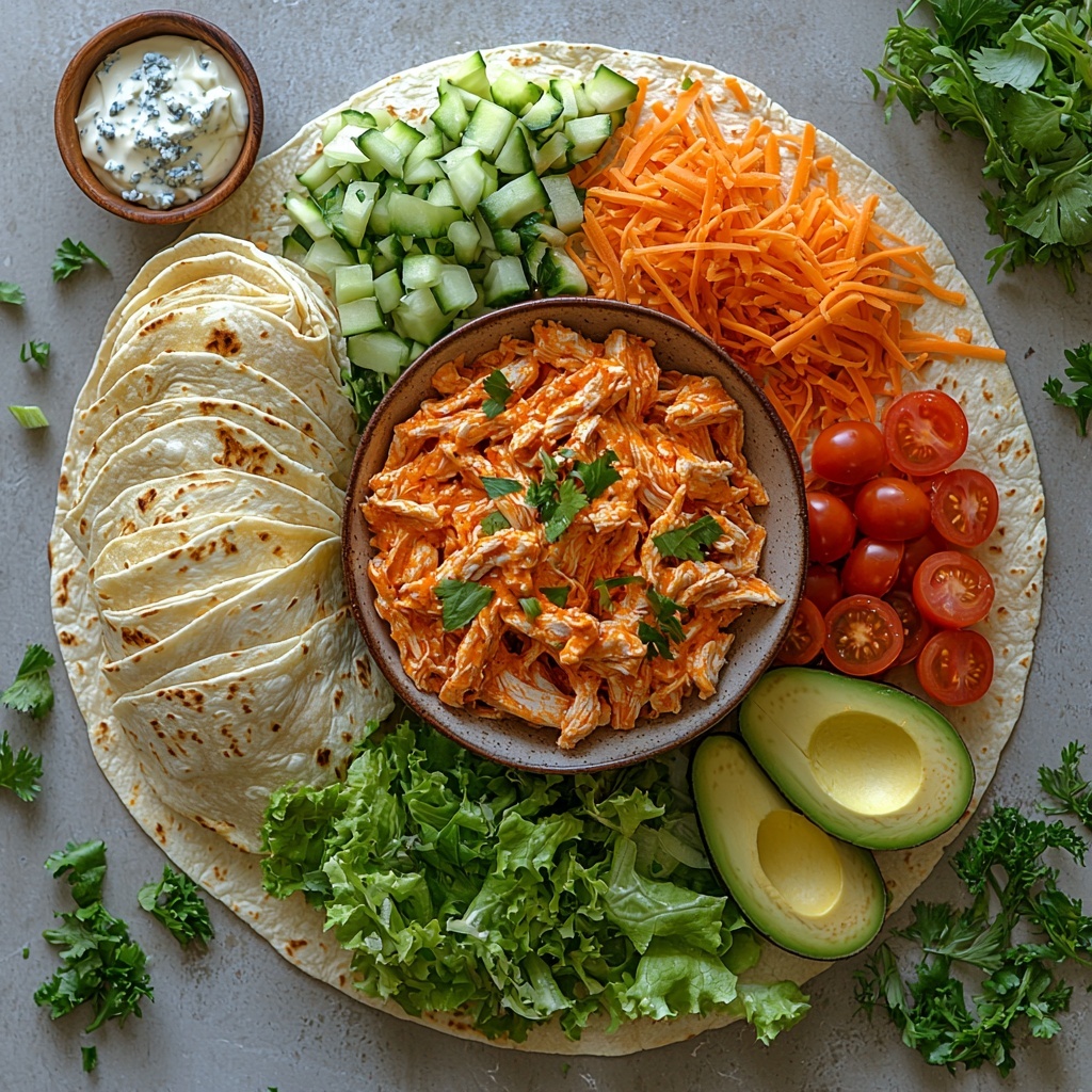 A bright, clean flat lay of fresh Healthy Buffalo Chicken Caesar Wrap ingredients artfully arranged on a smooth white surface. Centered is a bowl of shredded cooked chicken coated in vibrant orange-red buffalo sauce, showcasing juicy, textured meat strands. Surrounding it are four large whole-wheat tortilla wraps neatly stacked with soft beige tones and slight warmth. To the side, a pile of roughly chopped crisp, green Romaine lettuce with visible veins and freshness contrasts with a cluster of glossy, halved cherry tomatoes in rich red hues. Nearby, finely shredded bright orange carrot adds a delicate, feathery texture. A small wooden bowl holds chopped green onions, with vivid green rings scattered lightly around for a natural touch. A ripe avocado, cubed with creamy pale green flesh and subtle brown seed specks, adds richness. A glass dish filled with creamy white Caesar yogurt dressing sits alongside, its smooth texture glistening. Optional small piles of shredded pale yellow cheddar cheese and crumbled creamy white-blue cheese dot the arrangement, lending variety. The ingredients are spaced evenly with natural shadows, clean edges, and a fresh, inviting look. The composition captures vibrant colors, varied textures, and balanced visual interest in a minimalist style. Overhead shot, top down view, flat lay photography, professional food styling --ar 1:1 --q 2 --s 750 --v 6.1