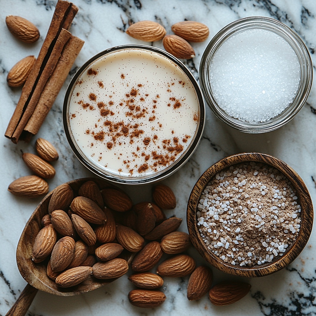 A clean white marble surface with all ingredients for almond horchata arranged neatly in a well-balanced flat lay composition: a small wooden bowl filled with raw almonds (some soaked and glistening with moisture), a clear glass pitcher of milky almond horchata, a vintage cinnamon stick laid diagonally, a small white ceramic dish holding granulated sugar, a tiny glass bowl of clear vanilla extract, a pinch of salt in a rustic wooden spoon, and a small heap of ground cinnamon artfully sprinkled on the surface. The almonds’ warm beige tones contrast softly with the creamy white liquid and bright white dishes, while the cinnamon stick adds a deep warm brown accent. Soft natural daylight highlights textures—the rough almond skins, the crystalline sugar, the smooth vanilla liquid, and the delicate powder of cinnamon—creating an inviting, fresh and artisanal feel. The arrangement leaves negative space for breathing room, with subtle shadows adding depth and dimension. Overhead shot, top down view, flat lay photography, professional food styling --ar 1:1 --q 2 --s 750 --v 6.1