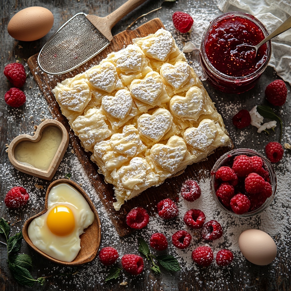 frozen puff pastry sheet folded neatly on a clean white surface, a small glass bowl of vibrant red raspberry jam mixed with lemon juice with a silver spoon inside, fresh whole raspberries scattered artfully nearby, a small bowl holding a bright yellow egg wash (egg whisked with water), a wooden heart-shaped cookie cutter placed beside cut puff pastry hearts with some hearts nested inside to show frames, a fine mesh sieve lightly dusting powdered sugar in mid-air, a small jar of glossy translucent glaze with a tiny spoon, the scene styled with soft natural lighting enhancing the flaky texture of pastry and the rich reds of raspberries, minimalistic neutral background to emphasize colors and textures, subtle shadows for depth, arranged neatly but with a casual, inviting feel, overhead shot, top down view, flat lay photography, professional food styling --ar 1:1 --q 2 --s 750 --v 6.1