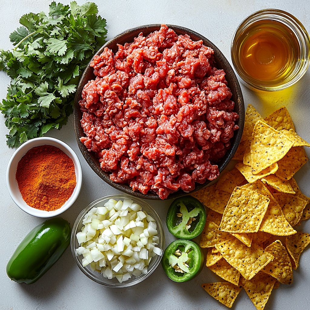 A clean, bright white surface with all ingredients neatly arranged in a balanced, visually appealing flat lay: a raw pound of ground beef in a small rustic bowl showing its rich red texture; a small glass bowl of finely chopped white onion next to a vibrant bunch of fresh green cilantro leaves loosely spread; a small white dish holding bright green jalapeño pieces, seeds removed; a single peeled garlic clove next to a tiny heap of minced garlic; small white spoons with ground cumin, chili powder, and smoked paprika powders in warm earth tones (golden brown, deep red, and smoky orange) arranged in a row; coarse salt and black pepper sprinkled subtly beside them; a small bowl of shredded sharp cheddar cheese with rich yellow-orange color; crushed golden tortilla chips in a clear glass bowl showing their rough texture; a small dish holding a beaten egg with a glossy, pale yellow surface; a small clear glass jug with golden olive oil; a can of Mexican-style tomatoes with green chilies, partially opened to reveal chunky red tomatoes with green flecks; fresh lime wedges with bright green skin and juicy interiors placed neatly to one side. Soft natural lighting highlights the varied textures — from the glossy meat to the flaky chips and fresh herbs — with subtle shadows creating depth. The composition is styled to feel fresh, colorful, and inviting, capturing the essence of vibrant Mexican cooking. Overhead shot, top down view, flat lay photography, professional food styling --ar 1:1 --q 2 --s 750 --v 6.1