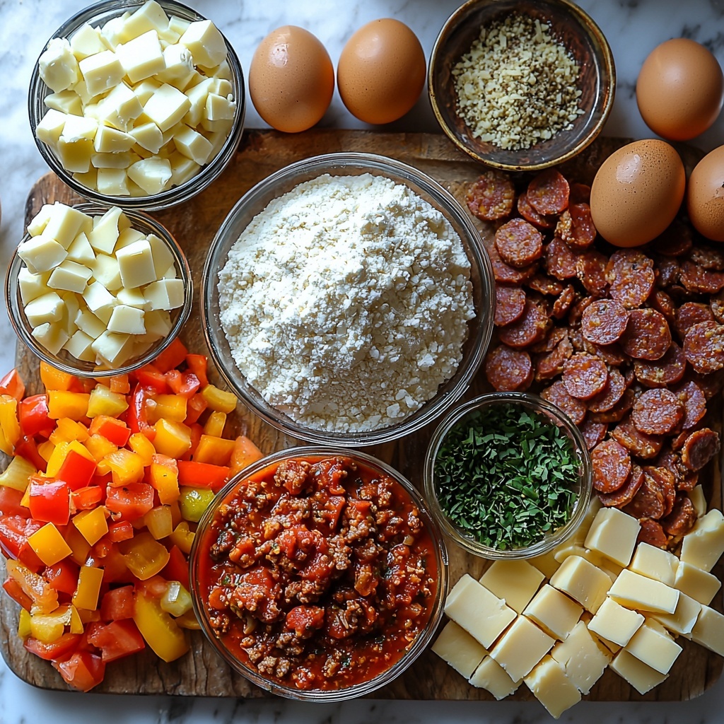 A flat lay of fresh pizza pot pie ingredients carefully arranged on a clean white marble surface. Centered are 2 1/2 cups all-purpose flour in a glass bowl next to cold cubed unsalted butter on a small wooden board. Nearby, a small clear bowl of 6 tbsp cold water and a teaspoon of salt in a ceramic dish. Raw ground beef or Italian sausage sits in a rustic metal bowl, rich red and textured. A bowl of vibrant red marinara sauce and a pile of shredded mozzarella cheese with a smaller heap of finely grated Parmesan cheese showcase creamy whites and yellows. Brightly colored diced bell peppers in red, green, and yellow scattered next to chopped white onions and sliced earthy brown mushrooms. Thin rows of glossy pepperoni slices fan out on parchment paper. Small glass bowls hold Italian seasoning, garlic powder, and black pepper. A small dish of golden olive oil glistens. A single large brown egg rests near a rolling pin. The ingredients are artfully spaced with natural soft daylight casting gentle shadows, evoking warmth and freshness. Overhead shot, top down view, flat lay photography, professional food styling --ar 1:1 --q 2 --s 750 --v 6.1
