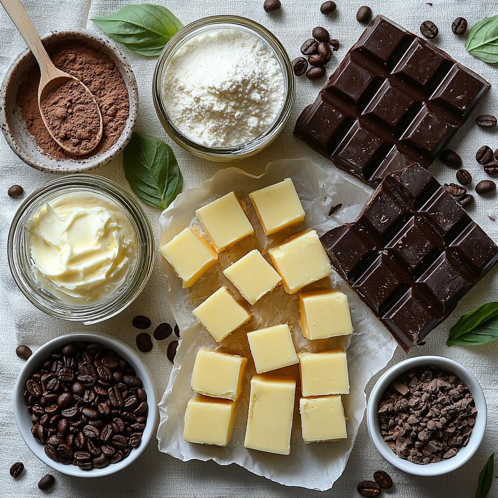 16 tablespoons of salted butter, pale yellow softened cubes; 1/2 cup rich brown sugar in a small rustic bowl; 1 cup bright white granulated sugar in a glass jar with a wooden scoop; 1 tablespoon golden amber rum in a tiny glass vial; 1 teaspoon dark espresso coffee grounds scattered artistically on a white ceramic spoon; 6 tablespoons creamy mascarpone cheese in a smooth dollop on a white plate; 2 cups plus 2 tablespoons all-purpose flour loosely heaped on a linen cloth, soft and powdery texture; 6 tablespoons fine cornstarch gently piled in a small white bowl; 1 teaspoon coarse Diamond Crystal kosher salt glistening on a vintage metal spoon; 2 teaspoons white baking powder in a tiny porcelain dish; 1 bar of glossy dark chocolate broken into uneven shards, deep brown almost black, arranged in a fan shape on crumpled parchment paper. All ingredients neatly spaced and arranged on a clean, matte white surface with natural soft light casting subtle shadows, minimalistic styling emphasizing textures and earthy tones, with a few fresh green coffee leaves as a delicate accent. overhead shot, top down view, flat lay photography, professional food styling --ar 1:1 --q 2 --s 750 --v 6.1