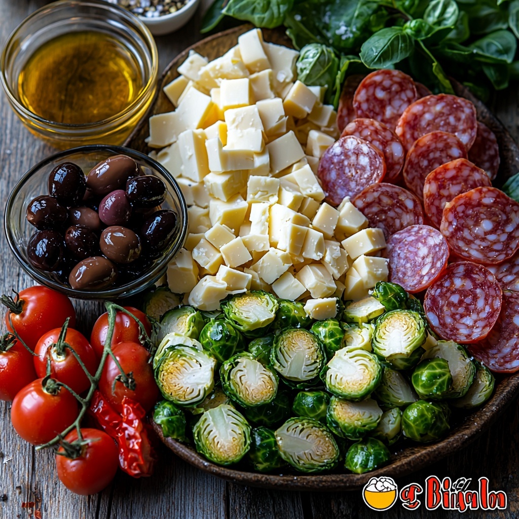 Italian Brussels sprouts salad ingredients arranged on a clean, light wooden surface; vibrant green thinly sliced Brussels sprouts fanned out neatly next to a small glass bowl of golden olive oil; a rustic bowl with deep red cherry tomatoes halved, glossy and fresh; sliced translucent red onion rings softly layered nearby; a small pile of pale yellow cubed provolone cheese with smooth edges alongside a delicate mound of shaved parmesan cheese with fine curls; scattered glossy black kalamata olives and sliced dark purple pepperoncinis adding contrast; light beige chickpeas with a matte texture evenly displayed; thin julienned strips of rich red Genoa salami with a slight sheen arranged in a tidy stack; a tiny dish containing thick red wine vinegar with hints of deep burgundy; a small rustic bowl holding Dijon mustard with a creamy mustard-yellow tone; finely minced garlic clove with a soft white texture presented on a ceramic spoon; sprinkling of Italian seasoning herbs, salt and freshly ground black pepper scattered artfully around for texture and color variation; all elements spaced thoughtfully for a balanced composition emphasizing freshness and rustic Italian charm, natural daylight enhancing vibrant colors and textures, shadows soft and minimal, background minimalistic and uncluttered — overhead shot, top down view, flat lay photography, professional food styling --ar 1:1 --q 2 --s 750 --v 6.1