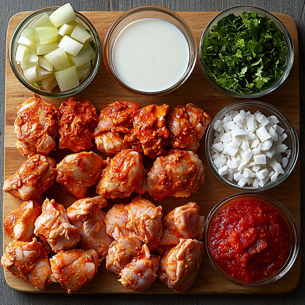 boneless chicken thighs raw, medium onion finely chopped in small bowl, garlic cloves peeled and minced, fresh ginger piece minced on wooden board, vibrant reddish-brown Madras curry powder in small ceramic dish, creamy white coconut milk in glass measuring cup, bright red tomato paste dollop on white spoon, coarse salt crystals scattered lightly, fresh green cilantro sprigs arranged neatly, all ingredients laid out separately on a clean white matte surface, soft natural lighting creating gentle shadows, minimalistic rustic food styling with subtle textured linen napkin folded nearby, focus on vivid colors and contrasting textures, ingredients spaced evenly with slight overlaps for visual interest, overhead shot, top down view, flat lay photography, professional food styling --ar 1:1 --q 2 --s 750 --v 6.1