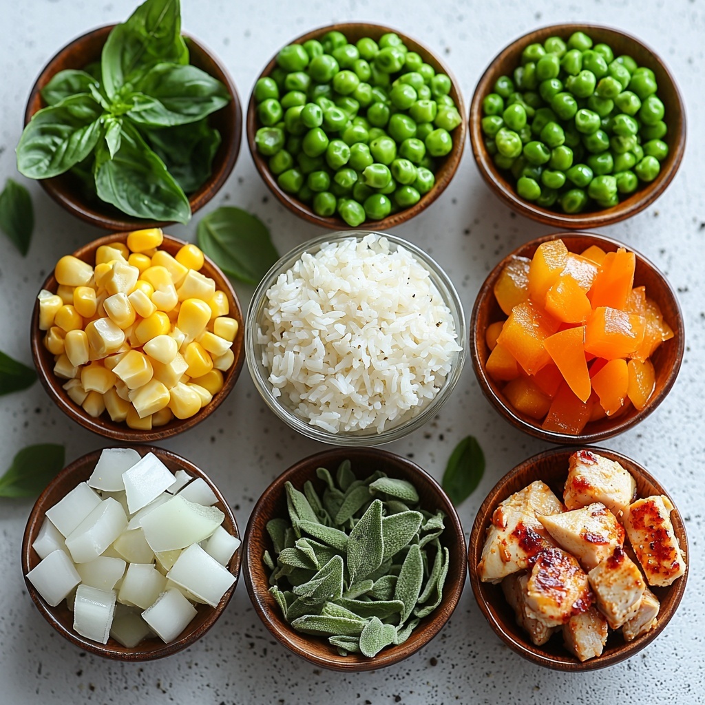 A clean white surface with the main ingredients neatly arranged in separate small bowls and piles: a cup of uncooked instant rice showing its fine, dry, white grains; a cup of golden chicken broth in a clear glass measuring cup; bright green chopped frozen green pepper pieces slightly glossy from thawing; finely chopped translucent white onion; a small dish of glossy golden olive oil; a neat pile of ready-to-use grilled chicken breast strips showcasing grill marks and a juicy, slightly charred texture; a heap of bright yellow thawed frozen corn kernels; a small mound of vibrant green thawed frozen peas; two small wooden spoons holding dried basil and rubbed sage herbs displaying delicate leaf textures; and tiny pinches of salt and pepper scattered artfully on the surface. The colors pop against the white background with soft natural lighting casting minimal shadows, focusing on fresh, vibrant textures and culinary detail. Overhead shot, top down view, flat lay photography, professional food styling --ar 1:1 --q 2 --s 750 --v 6.1