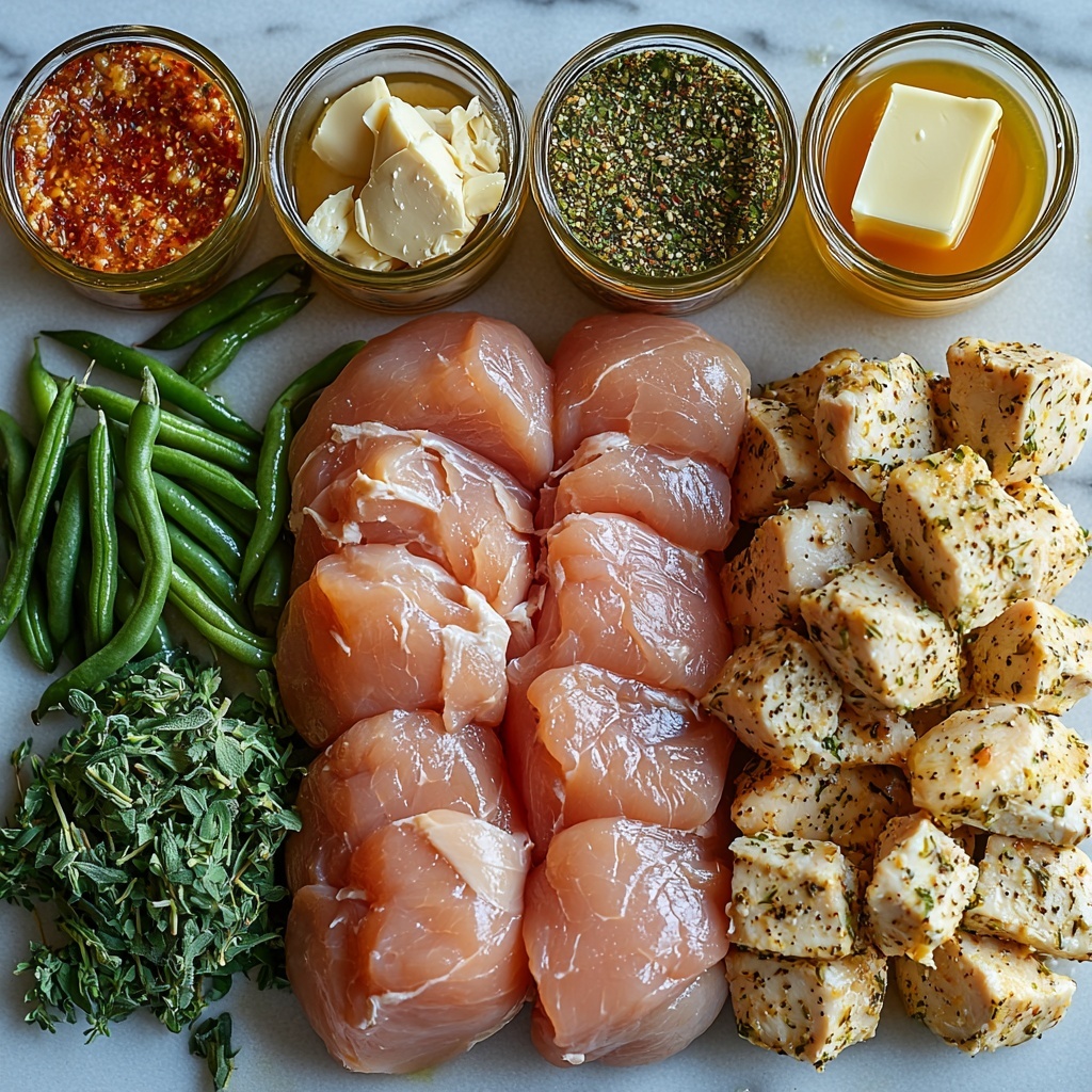 A clean white marble surface with all main ingredients for slow cooker chicken stuffing flat lay arranged neatly and spaced evenly: raw chicken breasts with a pale pink, smooth texture placed centrally, next to a small bowl of minced garlic showing finely chopped white garlic pieces; a small dish holding dried Italian seasoning herbs with green and brown flecks; a clear glass measuring cup filled with golden-yellow chicken broth; a generous pile of fresh green beans with vibrant, glossy green pods; two unopened cans of cream of chicken soup with creamy, off-white labels; an unopened box of stovetop stuffing mix in warm brown and orange packaging; a small ramekin of melted butter with a shiny, golden surface catching light. All ingredients are clean, vibrant, and inviting, styled with minimal shadows and natural soft lighting that highlights the different textures—from smooth chicken skin, to shiny beans, to powdery seasoning. The arrangement is balanced and organized with subtle props like wooden spoons and linen napkins in neutral tones to add warmth without overwhelming. Overhead shot, top down view, flat lay photography, professional food styling --ar 1:1 --q 2 --s 750 --v 6.1