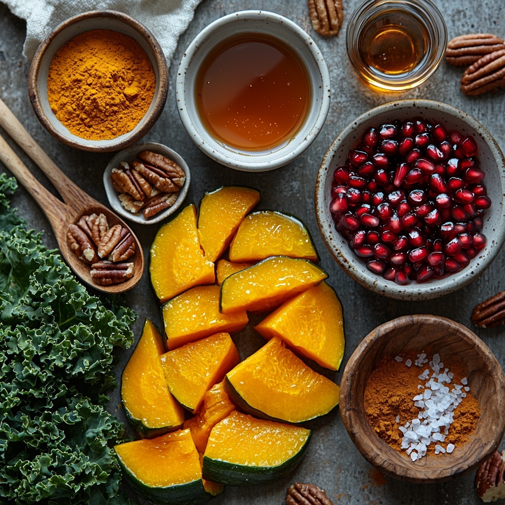 kabocha squash wedges with vibrant deep orange flesh and dark green skin, small bowls of golden avocado oil and dark glossy balsamic vinegar, a wooden spoon resting beside coarse Dijon mustard in a white ceramic dish, raw toasted pecans scattered with glossy brown shells, bright ruby red pomegranate seeds spilling from a small glass bowl, a heap of chopped dark green dinosaur kale with crinkly textured leaves, a small bowl of pure maple syrup with amber hues, a sprinkling of fine sea salt crystals on a rustic ceramic plate, and a pinch of warm cinnamon powder artfully dusted on parchment paper; all ingredients neatly arranged on a clean, neutral-toned surface with soft natural light emphasizing rich autumn colors and varied textures, styled with minimal props such as linen napkins and wooden utensils to evoke a cozy harvest feeling, sharp focus with subtle shadows enhancing depth and freshness; overhead shot, top down view, flat lay photography, professional food styling --ar 1:1 --q 2 --s 750 --v 6.1