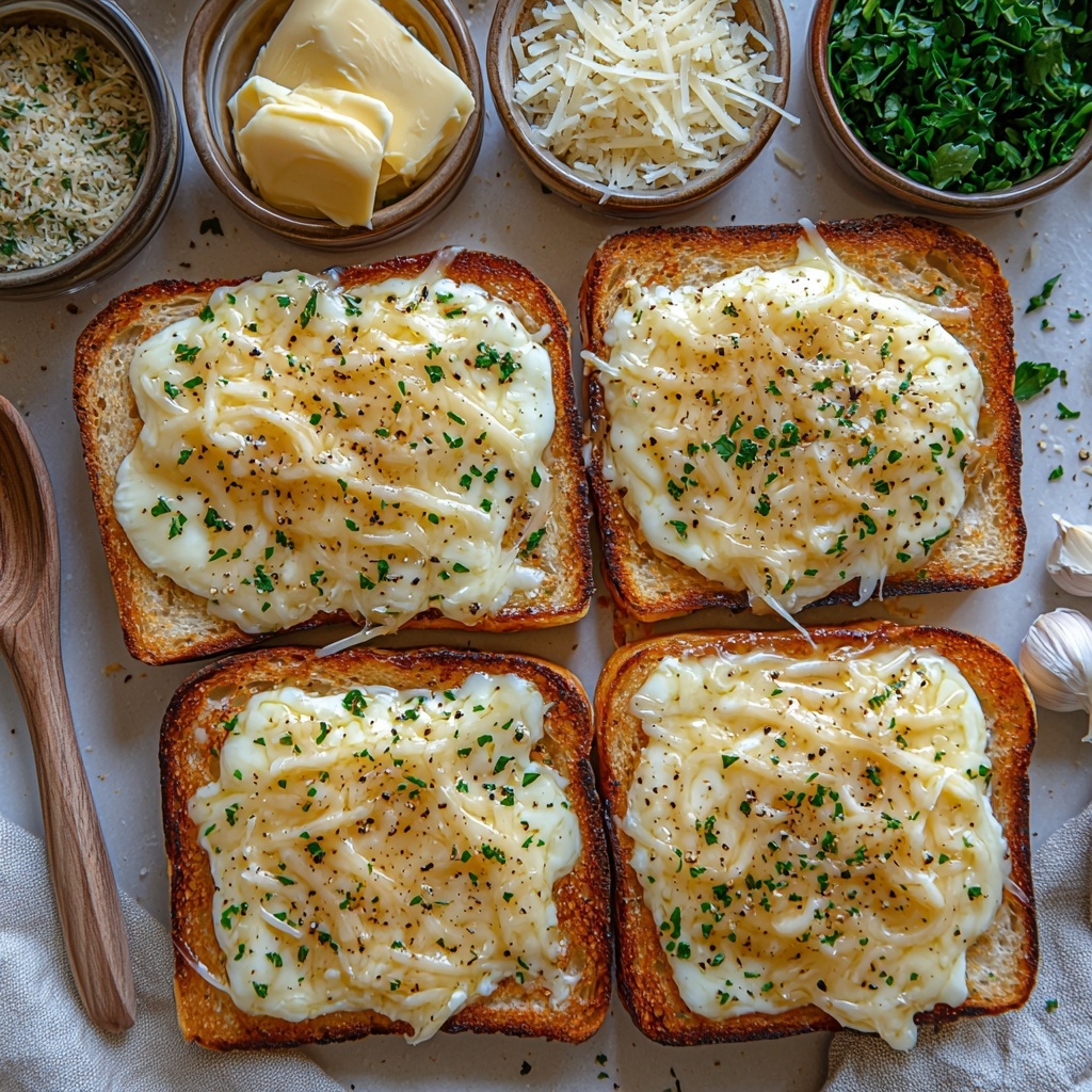 A clean white surface with all the main ingredients for Texas Toast with Cheese artfully arranged in a neat flat lay: six thick slices of golden Texas toast stacked slightly fanned out showing their soft, airy texture; small glass bowls filled with melted golden butter mixed with grated pale yellow Parmesan, a heap of fine white mozzarella shreds with a soft, fluffy texture, and neatly stacked slices of creamy white provolone cheese with smooth edges; small rustic bowls containing dried oregano with deep green flakes, garlic powder in a fine off-white powder, and bright green dried parsley sprinkled lightly nearby; utensils like a small wooden spoon resting beside the seasonings, and a soft kitchen towel with neutral tones folded delicately on the side; natural soft lighting highlighting the warm golden hues of the bread and the creamy cheeses, with subtle shadows to emphasize texture; the composition balanced and airy with space between items to create an inviting, fresh, and appetizing look. overhead shot, top down view, flat lay photography, professional food styling --ar 1:1 --q 2 --s 750 --v 6.1