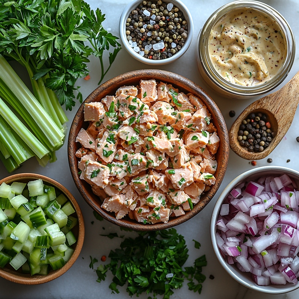 tuna salad ingredients flat lay on a clean white marble surface: two open 5-ounce cans of pale pink tuna flakes, a small glass bowl with creamy off-white mayonnaise, a wooden bowl filled with diced bright green celery stalk, a small white ramekin holding finely diced vibrant purple-red onion, a small heap of fresh green chopped parsley and chives mixed herbs, a tiny vintage ceramic spoon with golden Dijon mustard, coarse crystals of kosher salt scattered sparingly, freshly ground black pepper in a small black pepper mill, natural daylight casting soft shadows, rustic natural textures with a minimalist and airy arrangement, small wooden cutting board partially visible, fresh and healthy vibe, overhead shot, top down view, flat lay photography, professional food styling --ar 1:1 --q 2 --s 750 --v 6.1