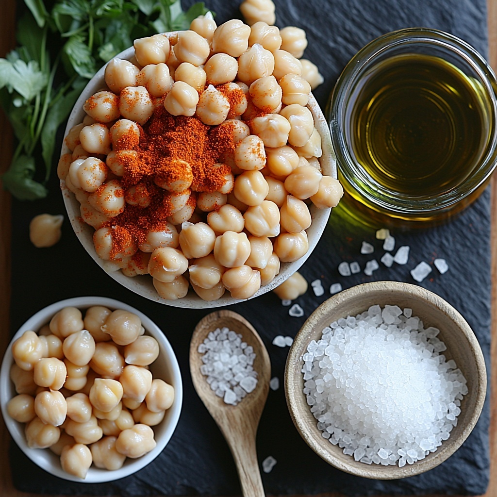 Chickpeas in a small white ceramic bowl, drained and rinsed, with some loose chickpeas scattered around; a small wooden spoon holding smoked paprika powder with its rich rusty red color; a tiny glass dish of granulated garlic showing its off-white granules; a pinch of white granulated sugar in a delicate porcelain spoon; coarse salt crystals and freshly ground black peppercorns displayed separately on a matte black slate tile; a small clear glass bottle of extra virgin olive oil with golden green hues and a drizzle poured artfully on the surface; all ingredients arranged neatly on a clean, light wood background with natural soft daylight illuminating textures and colors, subtle shadows adding depth, styled with minimalist props such as a folded linen napkin in soft beige and a sprig of fresh green herbs for contrast, creating an inviting and balanced composition — overhead shot, top down view, flat lay photography, professional food styling --ar 1:1 --q 2 --s 750 --v 6.1