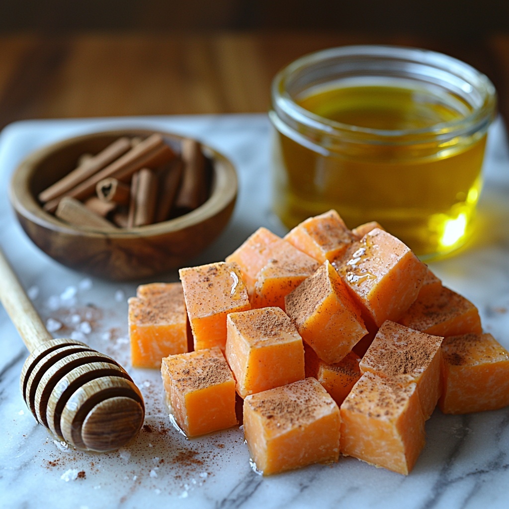 Sweet potatoes cut into even 1-inch cubes, vibrant orange with smooth skin and creamy texture; small glass bowl of golden olive oil with a glossy sheen; rustic heap of warm brown ground cinnamon powder on a wooden spoon; small clear bowl of thick amber honey catching light with sticky texture; sprinkling of coarse sea salt crystals scattered casually; all ingredients arranged artfully on a clean white marble surface, spaced evenly with natural light casting soft shadows, minimalistic styling emphasizing warm autumnal colors and inviting textures, a few cinnamon sticks and a drizzle of honey artistically placed nearby for visual interest; overhead shot, top down view, flat lay photography, professional food styling --ar 1:1 --q 2 --s 750 --v 6.1