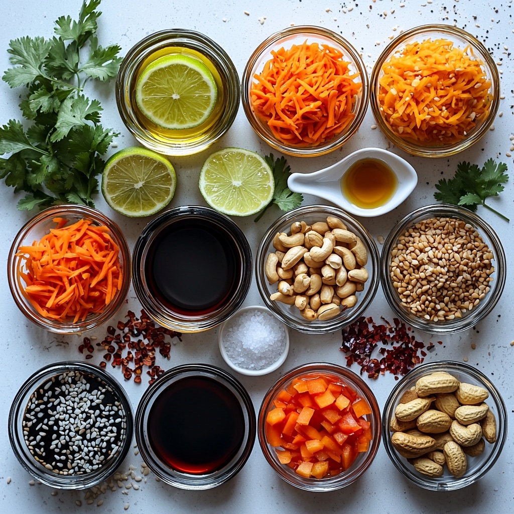 A flat lay of fresh, vibrant ingredients neatly arranged on a clean white surface: a small glass bowl of golden grapeseed oil, a dish of dark soy sauce, a halved bright green lime with fresh juice dripping, a small heap of light brown brown sugar, a tiny dish of amber sesame oil, finely grated pale yellow garlic and ginger placed side by side on a white ceramic spoon, a small scattered pile of crushed red pepper flakes in deep red tones. Nearby, a generous mound of bright orange shredded carrots, a pile of chopped glossy red bell pepper pieces, a bunch of fresh chopped vivid green cilantro, thinly sliced scallions with white and green rings, half a cup of mixed golden-brown chopped peanuts or cashews, and small piles of coarse kosher salt and cracked black pepper. For garnish, a small bowl of white and black sesame seeds and a few sprigs of fresh cilantro leaves. The ingredients are spaced with intentional gaps, highlighting their contrasting colors and textures, styled with natural daylight casting soft shadows, minimalistic and clean styling, emphasizing freshness and vibrant hues. overhead shot, top down view, flat lay photography, professional food styling --ar 1:1 --q 2 --s 750 --v 6.1