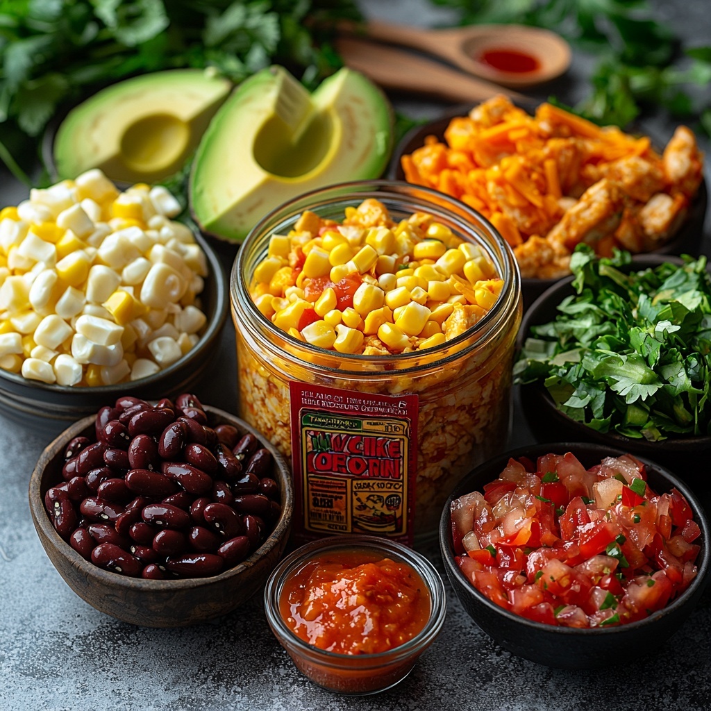 boneless, skinless chicken breasts, a small packet of low-sodium taco seasoning with bold red and yellow label, a glass jar of vibrant red salsa with visible chunks of tomatoes and peppers, fresh shredded lettuce vibrant green, chopped ripe red tomatoes, shredded cheddar cheese in bright orange, black beans glossy and dark, bright yellow corn kernels, sliced creamy green avocados and a small bowl of smooth green guacamole, a dollop of creamy white reduced-fat sour cream, a small dish of bright red hot sauce, all ingredients carefully arranged on a clean white marble surface with natural light highlighting the varied textures and colors, rustic wooden spoons and vintage bowls adding warmth, minimalist styling with ample negative space for contrast, overhead shot, top down view, flat lay photography, professional food styling --ar 1:1 --q 2 --s 750 --v 6.1