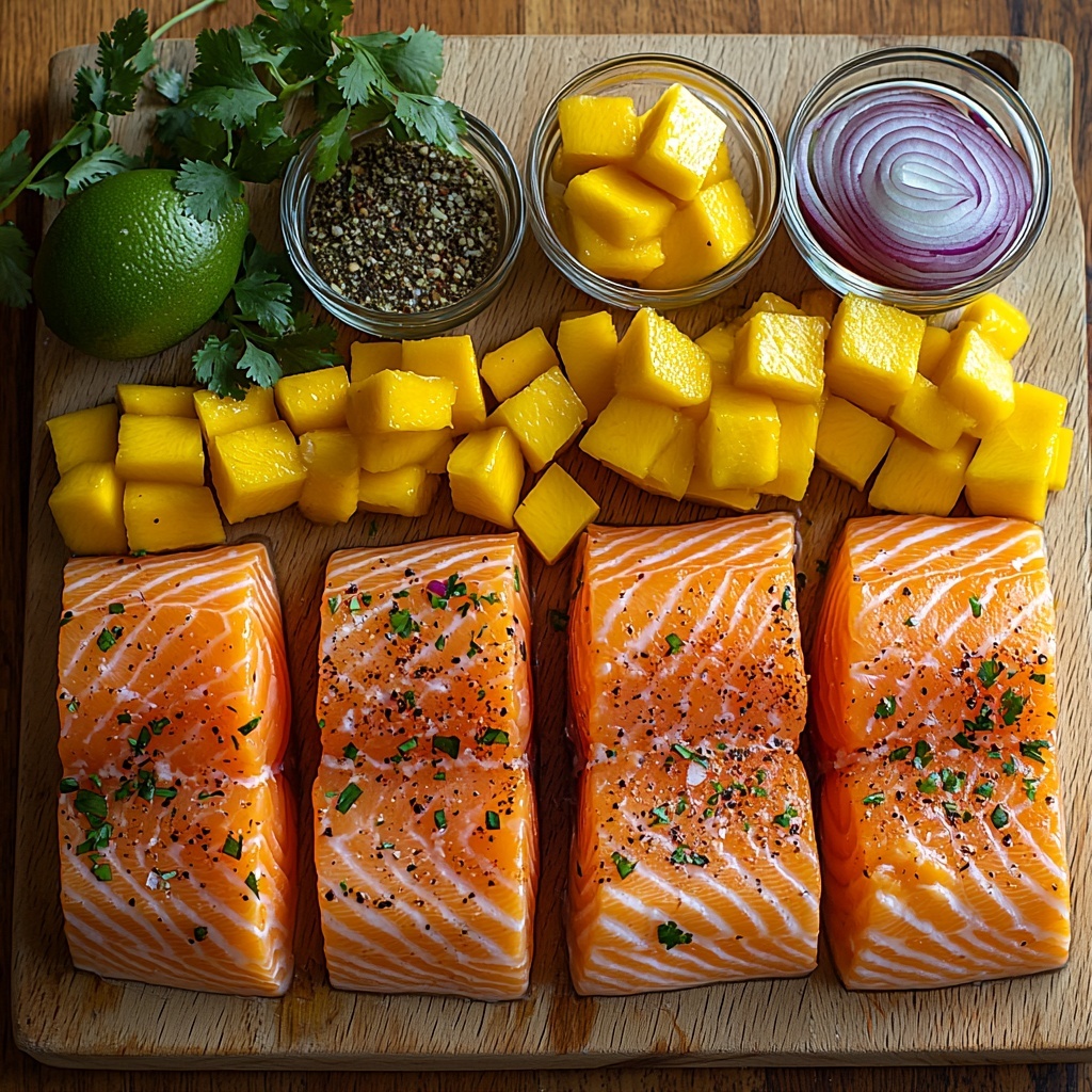 4 salmon fillets with skin on, fresh and glistening with olive oil; small bowls containing smoked paprika, garlic powder, onion powder, salt, and black pepper arranged neatly; two ripe mangos diced into vibrant golden-yellow cubes; finely chopped red onion with a deep purple hue; fresh bright green cilantro leaves chopped and scattered; a small glass bowl of fresh lime juice with a few lime wedges nearby; all ingredients thoughtfully spaced on a clean, light wooden surface enhancing natural colors and textures, slight rustic charm, natural soft daylight highlighting the freshness and vividness of the ingredients, subtle shadows for depth, minimalistic and elegant styling with a few sprigs of cilantro artistically placed around, overhead shot, top down view, flat lay photography, professional food styling --ar 1:1 --q 2 --s 750 --v 6.1