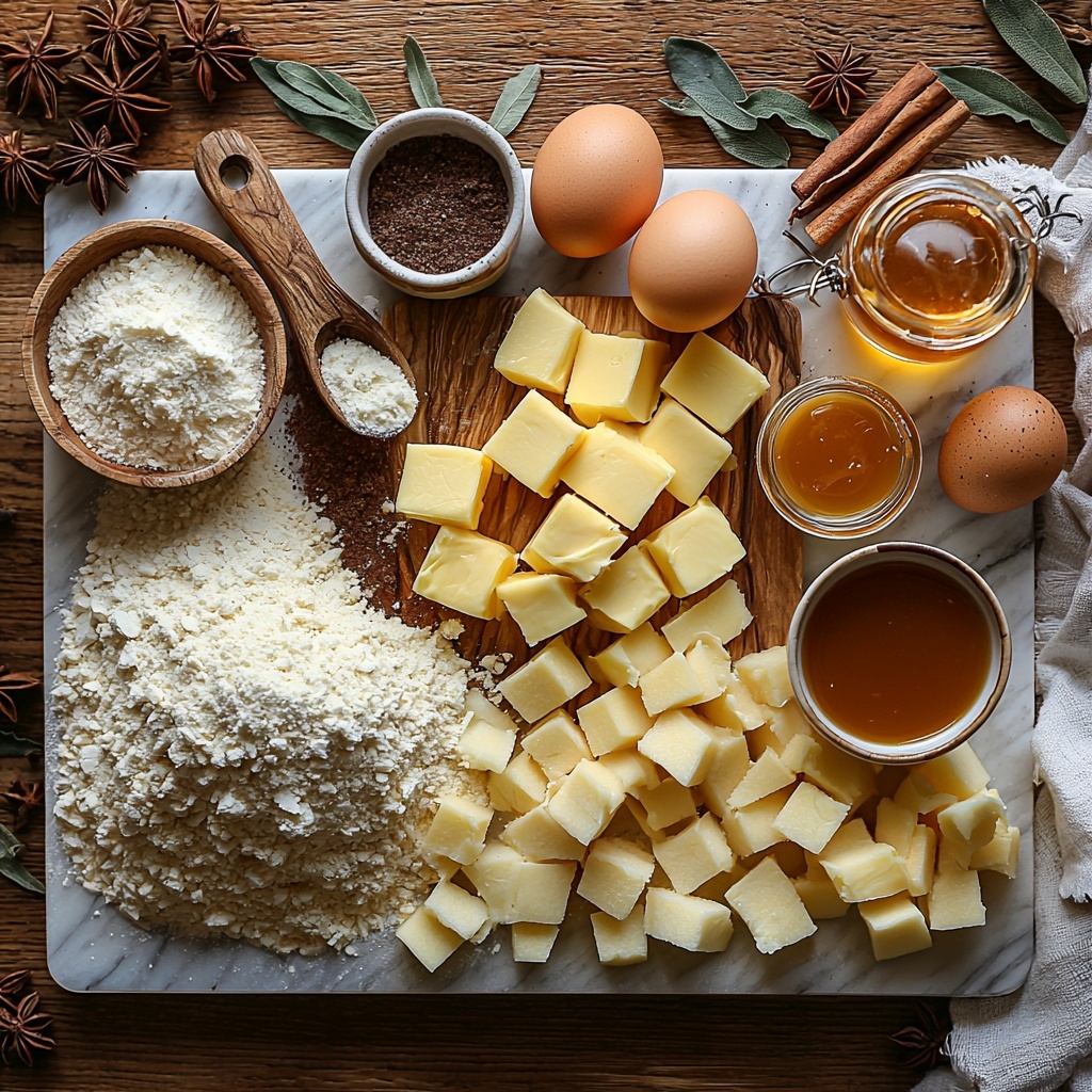 A clean, light wooden surface with the main ingredients for caramel apple cookies artfully arranged in a spacious flat lay composition. On one side, a mound of all-purpose flour with a small wooden scoop resting beside it, surrounded by small ceramic bowls containing baking soda, baking powder, ground cinnamon, ground nutmeg, and salt, each with distinct textures and warm earthy tones. Near the center, a softened block of unsalted butter on a white marble slab, next to two small bowls holding rich brown sugar and fine granulated sugar, showcasing deep caramel and pale crystals. A single large brown egg rests on a delicate vintage egg cup beside a small glass bottle of vanilla extract with amber liquid inside. Fresh peeled and diced Granny Smith apples, their green and pale cream colors contrasting crisply, are arranged neatly in a white ceramic bowl, a few pieces scattered artfully around. A small glass bowl of glossy, smooth caramel sauce sits ready for drizzling, its golden amber shine catching the light. Scattered whole cinnamon sticks and star anise pods add rustic warm accents, while a clean white linen napkin is softly folded at the edge. The entire arrangement is styled with minimal shadows, bright natural light, emphasizing the various textures — powdery flour, soft butter, crystalline sugar, juicy apples, and sticky caramel — evoking a cozy, inviting baking atmosphere. Overhead shot, top down view, flat lay photography, professional food styling --ar 1:1 --q 2 --s 750 --v 6.1