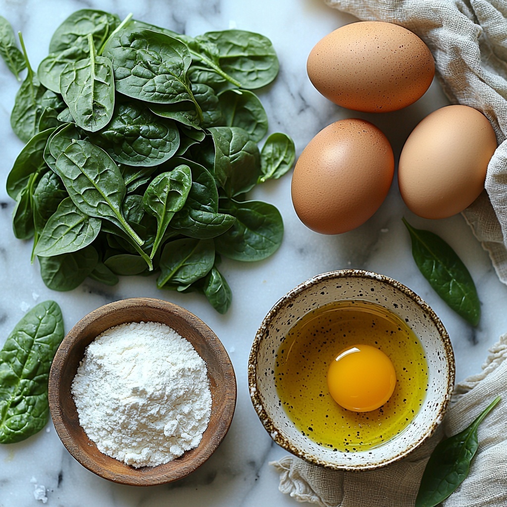 Fresh baby spinach leaves, bright and vibrant green piled loosely on one side; two large brown eggs and one separate egg yolk in a small clear glass bowl nearby; a small wooden spoon filled with coarse sea salt; a small ceramic dish with golden olive oil catching the light; a neat mound of off-white all-purpose flour with a slight dusting around it; a small bowl containing finely chopped, cooked spinach with a moist texture; all ingredients arranged evenly spaced on a clean white marble surface, natural soft daylight illuminating subtle shadows and highlighting textures; minimal rustic props such as a linen napkin in soft beige folded neatly on one corner, sprigs of fresh spinach casually placed for organic feel; overhead shot, top down view, flat lay photography, professional food styling --ar 1:1 --q 2 --s 750 --v 6.1