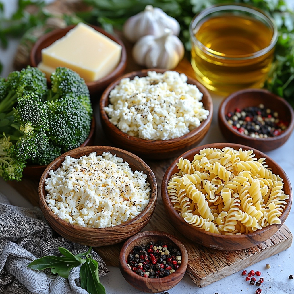 250 g dry pasta (uncooked, golden-yellow twisted shapes), 2 cups finely chopped broccoli (bright green, fresh florets and stems), 1 tablespoon olive oil in a small glass bowl (glossy amber liquid), 500 g cottage cheese (creamy white curds in a rustic ceramic bowl), ½ cup grated parmesan cheese (off-white, finely shredded, slightly powdery texture) scattered lightly on a wooden board, 2 cloves garlic (peeled, smooth, ivory bulbs), ½ teaspoon salt (fine white crystals in a small dish), ½ teaspoon black pepper (coarse black and gray specks in a tiny bowl), ⅓ cup reserved pasta water (clear with a slight sheen in a small glass cup), ¼ cup fresh parsley leaves (vibrant green, delicately piled), red pepper flakes (bright red, small and textured, sprinkled artistically on parchment paper). All ingredients carefully arranged in an aesthetically pleasing, balanced composition on a clean white marble surface, natural soft lighting highlighting textures and colors, subtle shadows for depth, minimalistic and modern food styling with some ingredients loosely scattered to create an organic feel. Overhead shot, top down view, flat lay photography, professional food styling --ar 1:1 --q 2 --s 750 --v 6.1