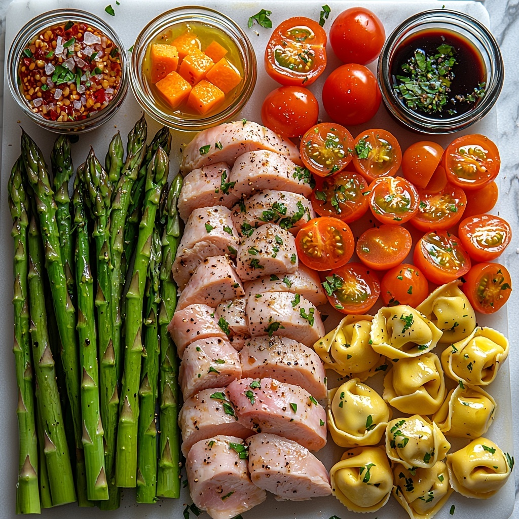 chicken breasts sliced raw with a slight pink hue, fresh green asparagus stalks neatly aligned, vibrant shredded orange carrots piled loosely, glossy halved deep red grape tomatoes, cooked cheese tortellini with smooth, pale yellow dough arranged in a small heap, small glass bowls containing golden olive oil, dark glossy balsamic vinegar, amber honey with a sticky texture, light brown Italian dressing, coarse salt crystals in a tiny dish, crushed red chili flakes scattered subtly, fresh bright green minced basil leaves sprinkled delicately, all ingredients artfully spaced on a clean white marble surface, natural soft daylight enhancing the vivid colors and fresh textures, gentle shadows adding depth, minimal props to keep focus on the ingredients, overhead shot, top down view, flat lay photography, professional food styling --ar 1:1 --q 2 --s 750 --v 6.1