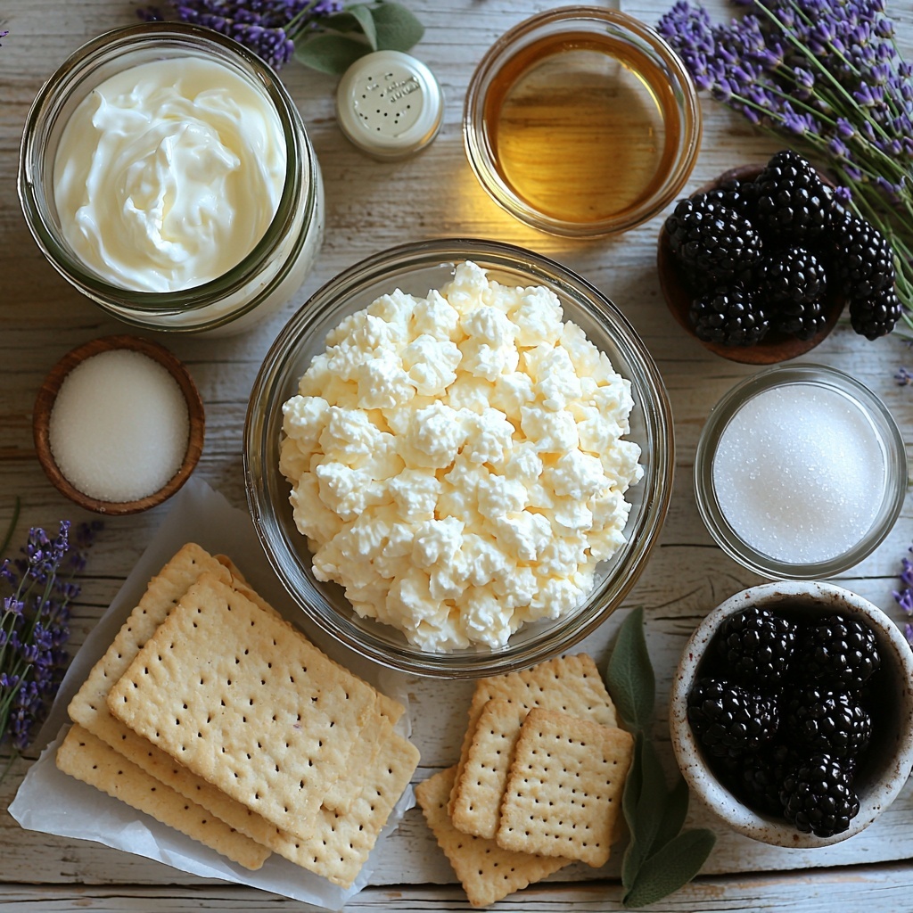 Graham cracker crumbs in a small clear bowl with golden, coarse texture; a small pile of white granulated sugar nearby; melted unsalted butter in a glass measuring cup showing smooth, glossy pale yellow liquid; a block of softened cream cheese on white parchment paper, creamy and smooth; a small white bowl of fine white sugar; a glass jar of vanilla extract with amber liquid; fresh blackberries scattered in a small rustic ceramic bowl, deep purple-black with a glossy sheen; a small glass bowl of lemon juice, pale yellow and translucent; dried lavender buds in a small wooden bowl, delicate purple flowers; a small clear glass of water; gelatin powder in a tiny glass dish, translucent granules; a metal whisk and a white ceramic mixing bowl with fluffy whipped cream visible along the edges; fresh lavender sprigs with soft green stems and pale purple flowers laid gently across the surface; a drizzle of thick blackberry syrup pooling slightly in a small spoon; all ingredients arranged neatly and spaced evenly on a clean, light wooden tabletop with natural soft diffused daylight, subtle shadows for depth, with pops of purple, white, cream, and golden tones creating harmonious, inviting color contrast, styled with minimal rustic props, evoking an elegant, fresh, and natural feel; overhead shot, top down view, flat lay photography, professional food styling --ar 1:1 --q 2 --s 750 --v 6.1