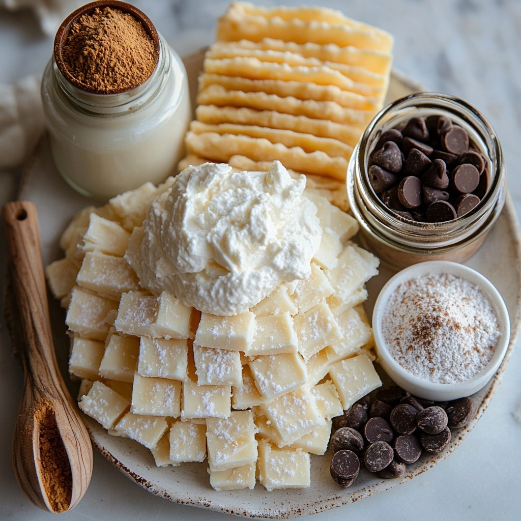 Pre-made pie crust on a rustic white ceramic plate, a small bowl of smooth, creamy ricotta cheese with soft texture, a dollop of rich mascarpone cheese in a glass dish, a neat heap of fine, sifted powdered sugar on a small wooden spoon, a glass jar of vanilla extract with a small cork stopper, a tiny white ramekin with warm brown cinnamon powder, a clear bowl filled with glossy mini chocolate chips, fresh bright orange zest strands artfully curled on a white porcelain dish, extra mini chocolate chips scattered casually for garnish, all arranged on a clean matte white surface with soft natural light highlighting textures and colors, subtle shadows for depth, minimalist rustic styling with a touch of warmth and elegance, overhead shot, top down view, flat lay photography, professional food styling --ar 1:1 --q 2 --s 750 --v 6.1