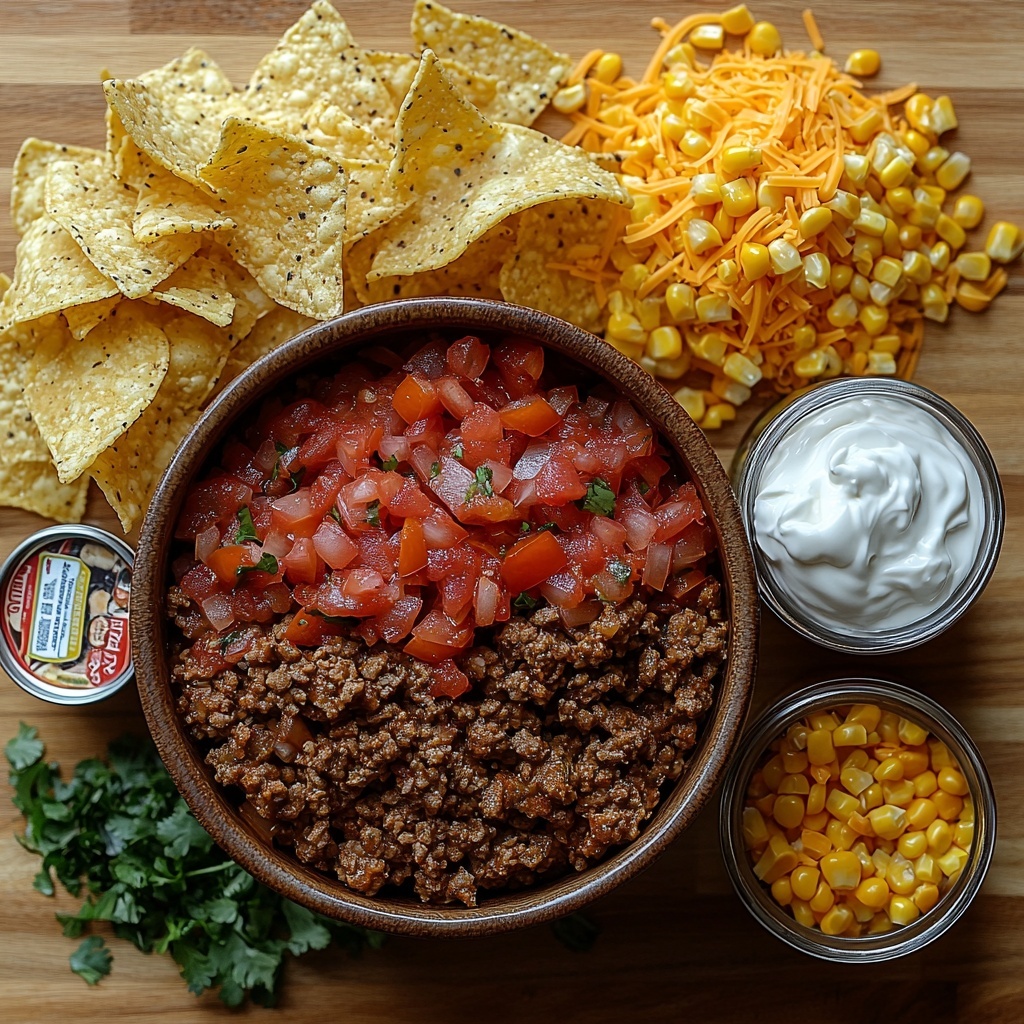 ground beef in a small rustic bowl with rich, crumbly texture, finely diced white onion scattered nearby, two colorful packets of ranch dressing mix and taco seasoning leaning side by side, a clear glass measuring cup filled with golden chicken broth, a bright red can of smooth tomato sauce, a vibrant can of diced tomatoes with green chile pieces peeking through, a shiny can of glossy black beans, a can of yellow corn kernels spilled slightly onto the surface, a neat pile of crispy golden tortilla chips with rough edges, a small bowl of creamy white sour cream with soft peaks, shredded sharp cheddar cheese in a small white dish showing orange curls—all ingredients arranged neatly on a clean, light wooden surface with natural warm daylight, minimal shadows, balanced spacing, fresh and inviting composition, overhead shot, top down view, flat lay photography, professional food styling --ar 1:1 --q 2 --s 750 --v 6.1