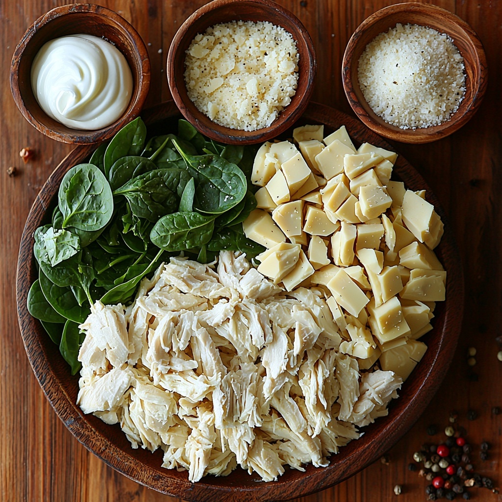 2 cups shredded cooked chicken, tender and white with golden edges, 1 cup vibrant deep green frozen spinach, thawed and slightly wilted with visible leafy texture, 1 cup chopped artichoke hearts, pale yellow with hints of green, moist and soft chunks, 1 cup creamy thick white Greek yogurt in a small bowl, 1 cup shredded mozzarella cheese, soft and stringy white strands piled neatly, 1/2 cup finely grated Parmesan cheese, light golden powder sprinkled lightly, 2 cloves fresh garlic, whole and peeled with smooth off-white skin, small dish with onion powder, fine pale beige powder, small bowls of salt crystals and coarse black peppercorns scattered artfully, all ingredients arranged on a clean, light wooden surface with natural soft daylight highlighting textures and colors, shadows soft and minimal, ingredients spaced evenly with some overlap to create balance and visual interest, modern minimalist styling with rustic touches, fresh and natural vibe, overhead shot, top down view, flat lay photography, professional food styling --ar 1:1 --q 2 --s 750 --v 6.1
