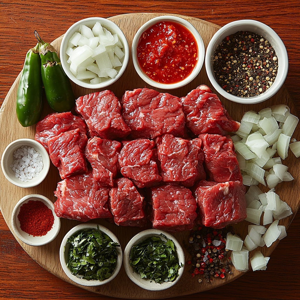 /Imagine prompt: A clean, light wooden surface beautifully arranged with the main ingredients for Barbacoa Beef. At the center lies a large, raw beef roast with rich marbled red and brown hues, showcasing its fresh texture. Surrounding the beef, neatly chopped white onion pieces sit in a small rustic bowl, their layers and slight translucence catching soft light. Nearby, a cluster of vibrant deep red canned chipotle chilies in adobo sauce glistens with a glossy finish, accompanied by a few fresh bright green jalapeno slices as an alternative. Small white ceramic spoons hold warm reddish-brown chili powder and earthy light brown cumin powder, their fine textures contrasting the smooth bowls. A small heap of coarse sea salt crystals and a scattering of cracked black peppercorns add detail and contrast. A shiny, opened 14.5-ounce metal can of rich, dark reddish-brown beef broth with a glossy surface stands off to one side. The overall arrangement is balanced and spacious, emphasizing the natural colors and textures of each ingredient. Soft, natural lighting highlights freshness with minimal shadows. Overhead shot, top down view, flat lay photography, professional food styling --ar 1:1 --q 2 --s 750 --v 6.1
