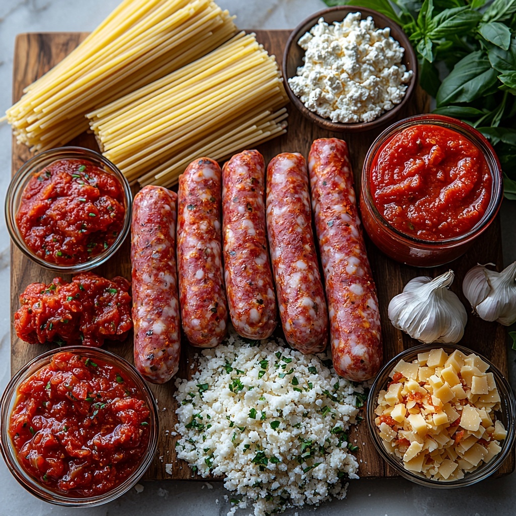 Italian sausage links and crumbled sausage meat, rich deep red tomato paste in a small bowl, peeled garlic cloves and minced garlic scattered nearby, small piles of fine onion powder, granulated sugar, and dried oregano, a pinch of crushed red pepper flakes adding a touch of vibrant red, a rustic can of crushed tomatoes with bright red chunky texture spilled slightly, a heap of uncooked golden-yellow spaghetti fanned out, a clear glass cup filled with deep brown beef broth, shredded creamy white mozzarella cheese piled softly, small bowls of freshly grated parmesan with a snowy texture, fresh vibrant green chopped parsley and basil leaves, all arranged neatly on a clean white marble surface with soft natural lighting emphasizing colors and textures, minimal shadows, a few rustic wooden spoons and a small linen napkin for warmth and authenticity, overhead shot, top down view, flat lay photography, professional food styling --ar 1:1 --q 2 --s 750 --v 6.1