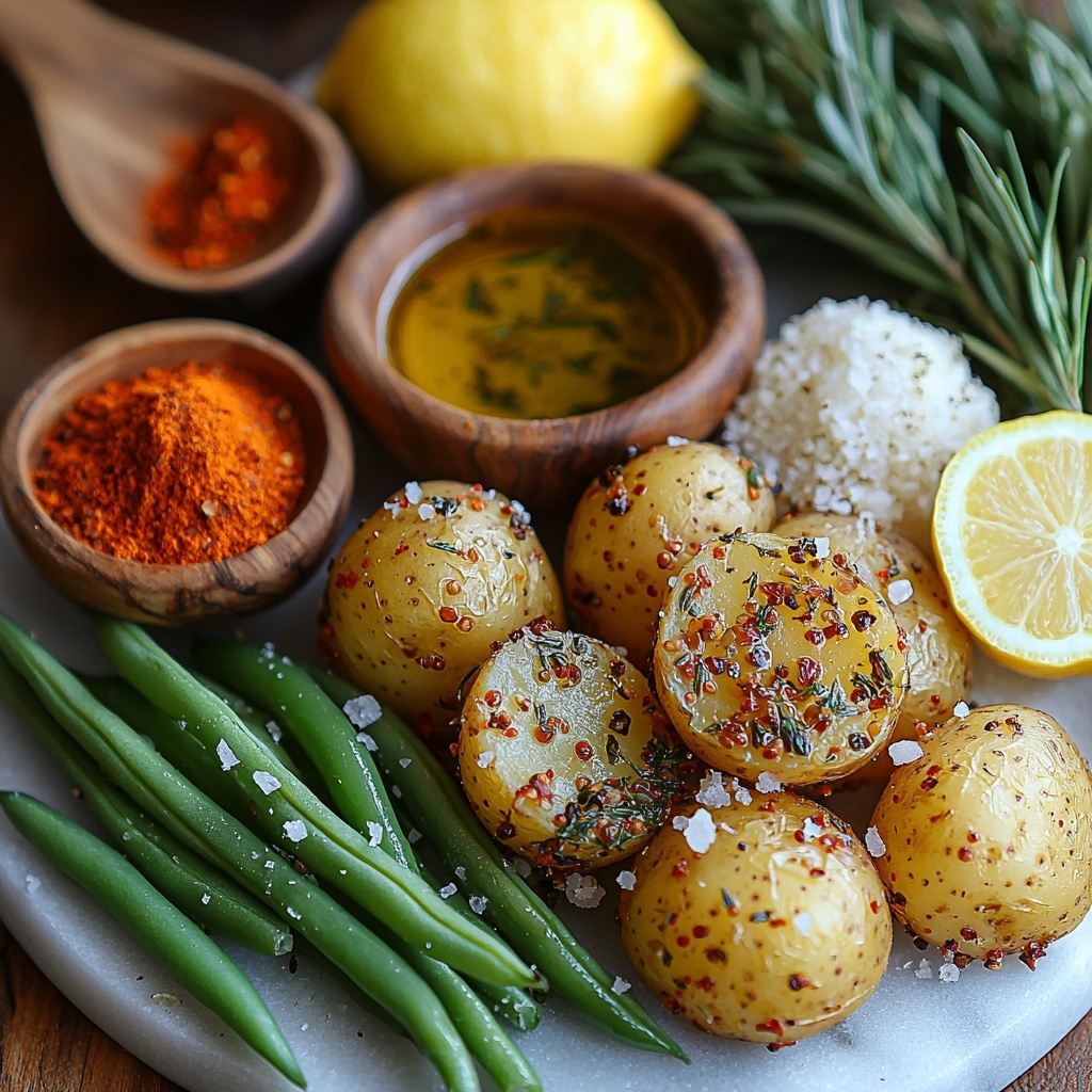 Fresh green beans trimmed and vibrant green, halved baby potatoes with golden and creamy interiors, small bowl of rich golden olive oil with a slight sheen, peeled garlic cloves and a small heap of finely minced garlic, dried thyme and rosemary sprigs, small piles of reddish paprika powder, coarse salt crystals, cracked black peppercorns, a lemon wedge with bright yellow flesh, and a small bowl of finely grated Parmesan cheese. All ingredients are carefully arranged on a clean white marble surface to highlight their natural colors and textures, spaced evenly with some overlapping for a natural yet curated feel. Soft natural lighting emphasizes the freshness and rustic appeal, casting gentle shadows to add depth and dimension. Minimalistic styling with subtle props like a wooden spoon and linen napkin placed to one side. The overall vibe is fresh, inviting, and artisanal. Overhead shot, top down view, flat lay photography, professional food styling --ar 1:1 --q 2 --s 750 --v 6.1