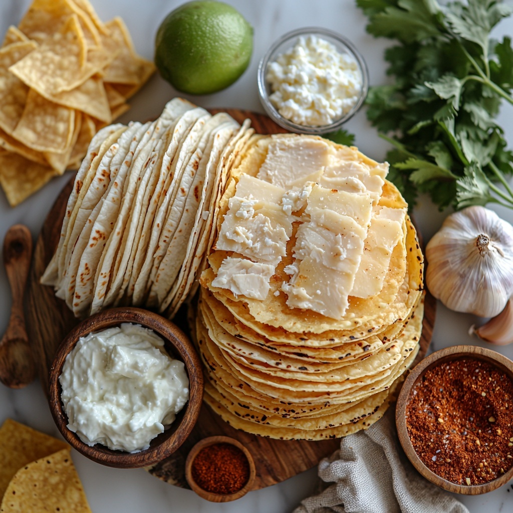 air fryer mini tacos ingredients arranged neatly on a clean white marble surface, featuring raw boneless skinless chicken breast with smooth pale pink texture, a stack of 12 vibrant yellow corn tortillas fanned out, a small rustic bowl filled with a shredded Mexican cheese blend in creamy white and pale yellow hues, a collection of spices including chili powder, paprika, cumin, onion powder, garlic powder, and salt arranged in small wooden scoops highlighting warm reds, deep browns, and soft tans, a halved fresh lime with bright green juicy flesh, fresh cilantro sprigs with vivid green leaves scattered artfully, a small glass bowl of creamy white part skim ricotta cheese, a matching bowl of thick nonfat Greek yogurt, a whole garlic clove with papery white skin, and a clear small measuring cup with water reflecting light subtly. Natural soft daylight illuminating all elements to enhance textures and vibrant colors, with a few small tortilla chips and a sprig of cilantro used as delicate garnishes to add interest. Styled with minimalist rustic props including a linen napkin off to the side, wooden spoons, and a neutral ceramic bowl, clean shadows and crisp focus, overhead shot, top down view, flat lay photography, professional food styling --ar 1:1 --q 2 --s 750 --v 6.1