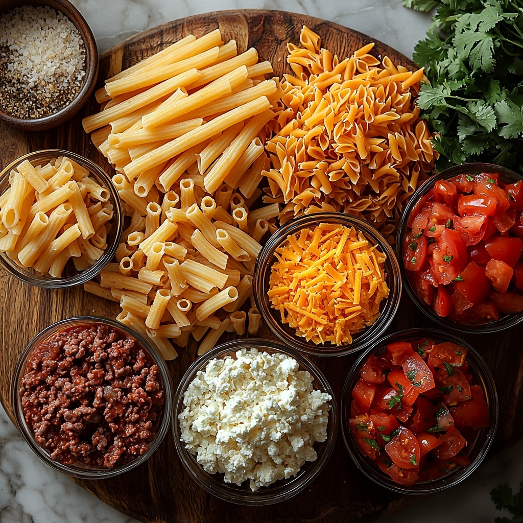 12 oz dry penne and rotini pasta in a small rustic bowl, raw texture with golden yellow hues; 1 lb raw ground beef and ground turkey side by side on a wooden board, showing rich red and pink tones with a slightly marbled texture; small glass ramekins holding 1 teaspoon taco seasoning (warm reddish-brown powder), ½ teaspoon garlic powder (fine white powder), and a pinch of salt and black peppercorns scattered neatly; a can of Rotel diced tomatoes and green chilies, partially opened, revealing vibrant red tomatoes and green chili pieces with juicy, glossy textures; a clear glass measuring cup filled with 1 cup creamy white heavy cream with soft reflections; a small bowl piled with shredded cheddar cheese, bright orange and finely textured; fresh sprigs of cilantro or parsley with bright green leaves adding freshness and contrast; all ingredients arranged symmetrically and spaced evenly on a clean white marble surface with soft natural light highlighting vivid colors and varied textures, styled with minimal props, light shadows for depth, and slight rustic elements to enhance warmth. overhead shot, top down view, flat lay photography, professional food styling --ar 1:1 --q 2 --s 750 --v 6.1
