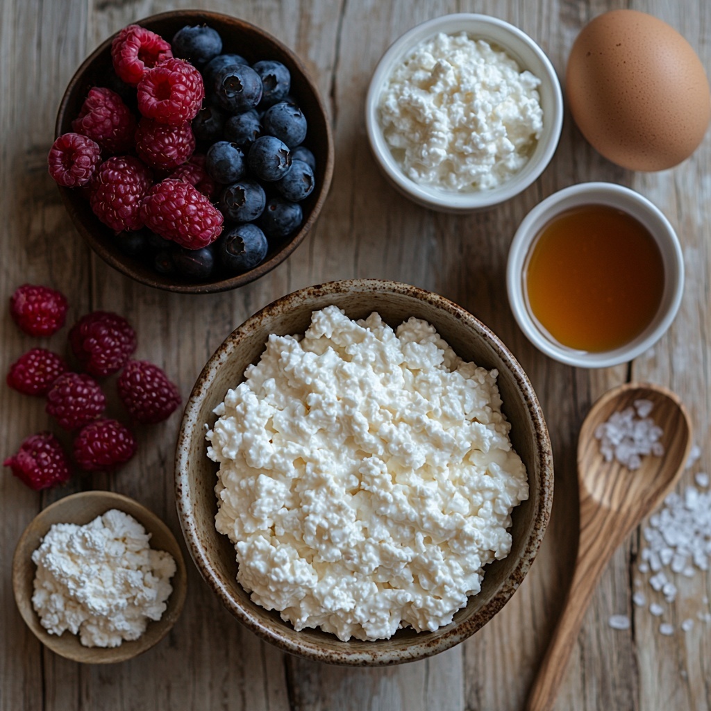 old-fashioned oats in a small clear glass bowl with visible coarse texture, creamy white cottage cheese in a rustic ceramic bowl showcasing soft and lumpy texture, two large brown eggs placed side by side with smooth shiny shells, a small wooden spoon holding kosher salt crystals with a subtle sparkle, a small white ramekin filled with amber maple syrup reflecting light, a scattering of fresh sliced mixed berries (strawberries, blueberries, raspberries) adding vibrant reds and deep blues, all ingredients arranged neatly in a balanced composition on a clean, light natural wood surface with warm, soft natural light highlighting textures and colors, slight shadows adding depth, minimal styled with a casual, inviting farmhouse kitchen vibe, overhead shot, top down view, flat lay photography, professional food styling --ar 1:1 --q 2 --s 750 --v 6.1