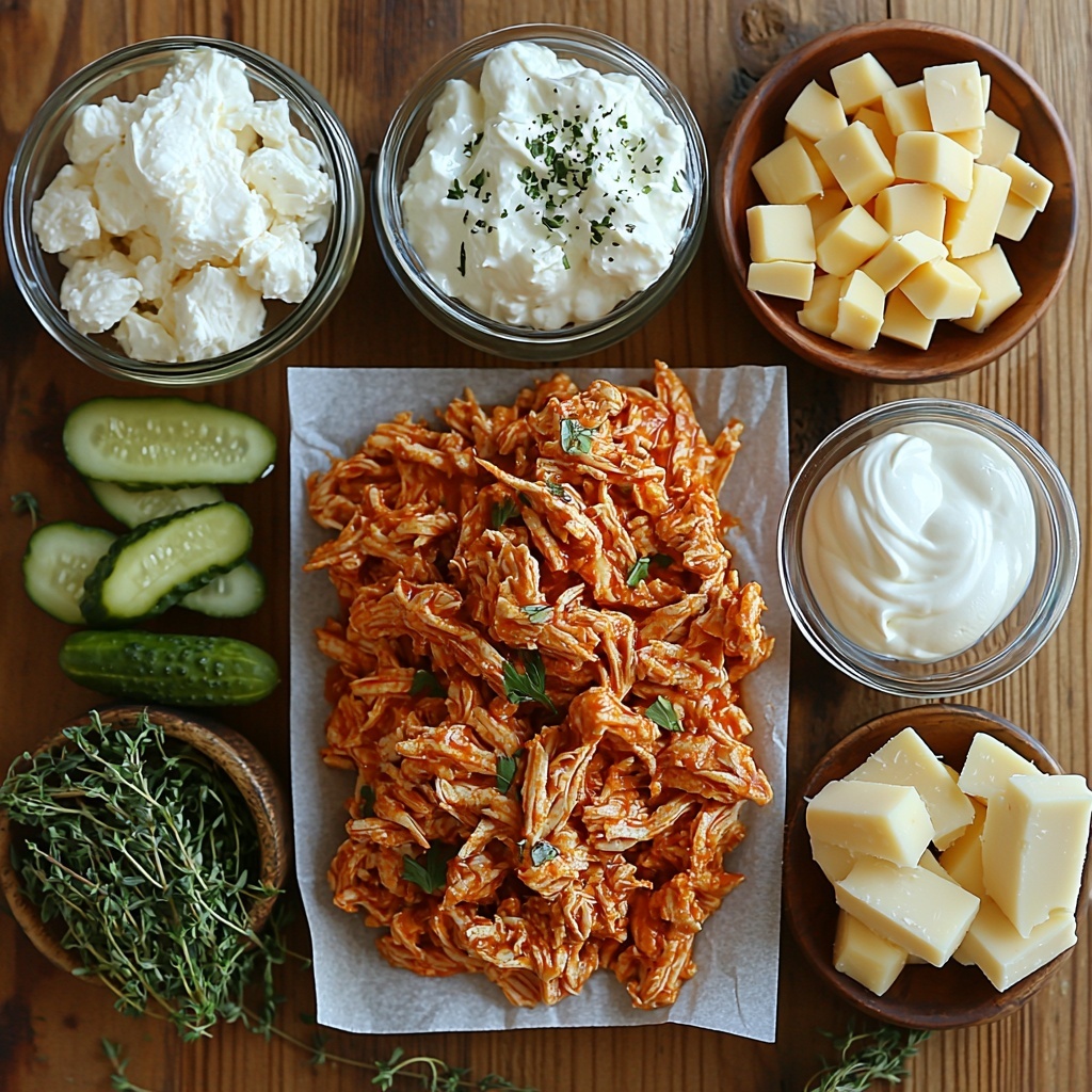 4 cups shredded cooked chicken piled loosely on a white ceramic plate, soft and fibrous texture; 8 ounces cream cheese in a small glass bowl, smooth and creamy, slightly softened; 1.5 cups vibrant deep red Nashville Hot Chicken sauce in a rustic small metal bowl, glossy and thick; 1/2 cup sour cream in a clear glass ramekin, bright white and velvety; 2 ounces finely diced dill pickles in a small white square dish, green with specks of seeds, juicy and crisp; 2 tablespoons dill pickle juice in a tiny clear shot glass, pale yellow-green and translucent; 6 ounces shredded mozzarella cheese scattered loosely on parchment paper, soft and stringy, white; 2 ounces shredded cheddar cheese in a small wooden bowl, bright orange with a slightly crumbly texture. All ingredients arranged neatly on a clean, light wooden surface with natural light casting soft shadows, subtle fresh herbs and a textured linen napkin placed nearby for contrast. Vibrant colors and varied textures create an inviting composition. Overhead shot, top down view, flat lay photography, professional food styling --ar 1:1 --q 2 --s 750 --v 6.1