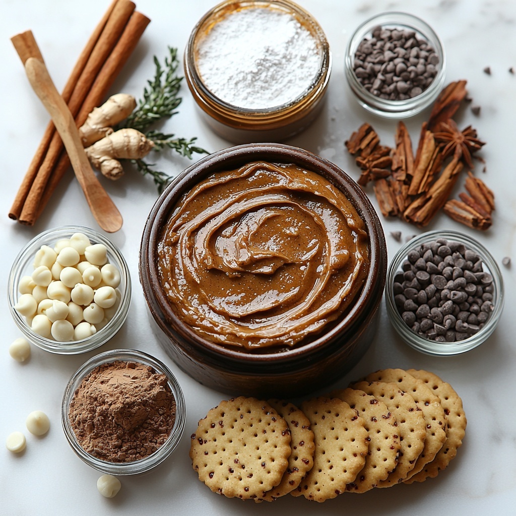 Gingersnap cookie crumbs in a small rustic bowl, surrounding whole gingersnap cookies scattered loosely on the clean white surface; smooth jar of creamy cookie butter or biscoff spread with a wooden spoon resting beside it; small glass bowls with powdered sugar, ground cinnamon, ground ginger, ground allspice, ground cloves, ground nutmeg, black pepper, and salt each neatly arranged in a semi-circle, showcasing their fine, powdery textures and warm earthy tones from pale beige to deep brown; two cups of glossy white chocolate chips heaped in a clear glass bowl catching the light to highlight their shiny, smooth surfaces; a small dish with glossy coconut oil reflecting soft light; all ingredients spaced evenly on a bright clean marble countertop, styled with natural soft daylight, subtle shadows to enhance textures, minimalistic and elegant presentation with a few sprigs of fresh ginger root and cinnamon sticks for warm autumnal accents; overhead shot, top down view, flat lay photography, professional food styling --ar 1:1 --q 2 --s 750 --v 6.1