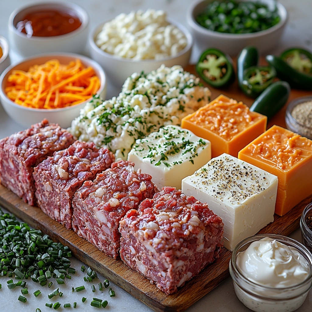 A clean, bright surface showcasing the main ingredients for Smoky Jalapeño Popper Meatloaf arranged neatly in small bowls and piles: raw lean ground beef with a rich red hue and marbled texture, a heap of crispy golden-brown crumbled bacon, finely chopped white onion with a slight sheen, diced green jalapeños with seeds removed for a mild look, a smooth block of softened cream cheese, a mound of shredded sharp cheddar cheese in vibrant orange-yellow strands, a small bowl of light tan breadcrumbs with a coarse texture, a glossy beaten egg in a clear glass bowl, a small dish of deep reddish-brown barbecue sauce, and scattered piles of smoked paprika powder—a warm rusty red, garlic powder and salt in small white ceramic spoons, cracked black pepper in a tiny bowl showing dark specks. Nearby, the creamy ranch drizzle ingredients: a half cup of thick white ranch dressing, a dollop of sour cream, and fresh bright green chopped chives on a small wooden board. The elements arranged with natural spacing, some ingredients framed with sprigs of fresh herbs for a pop of color, soft natural lighting emphasizing textures and freshness, subtle shadows to create depth, clean white background for contrast, minimalistic modern style, overhead shot, top down view, flat lay photography, professional food styling --ar 1:1 --q 2 --s 750 --v 6.1