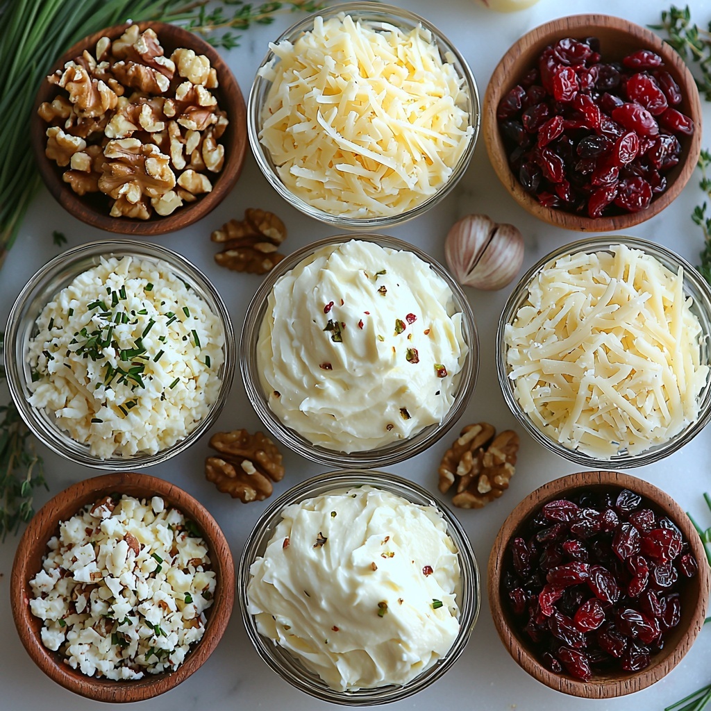 8 ounces softened cream cheese in a small smooth bowl, 8 ounces shredded white cheddar cheese in a neat pile, 1 cup chopped dried cranberries vibrant deep red, divided into two small clear glass bowls showing juicy texture, 4 tablespoons finely chopped fresh green chives scattered delicately and in a small rustic dish, ½ teaspoon garlic powder in a tiny white ceramic spoon, 1 cup roughly chopped walnuts with their warm brown tones in a wooden bowl and a small heap on the surface, all ingredients arranged separately but close together on a clean white marble surface with natural soft light highlighting the contrasting colors and textures, some crumbs and herbs artistically scattered to add organic feel, crisp shadows for depth, subtle reflections on bowls, minimalistic styling emphasizing freshness and variety, overhead shot, top down view, flat lay photography, professional food styling --ar 1:1 --q 2 --s 750 --v 6.1
